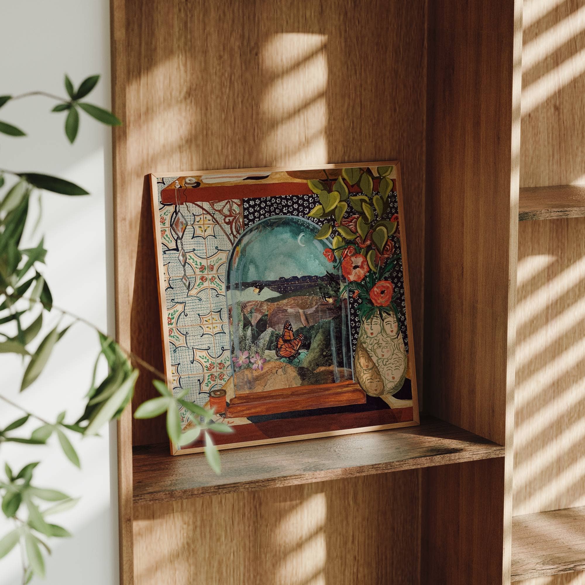 Butterfly Art Print, Quilt Art, Cloche, still life, moody