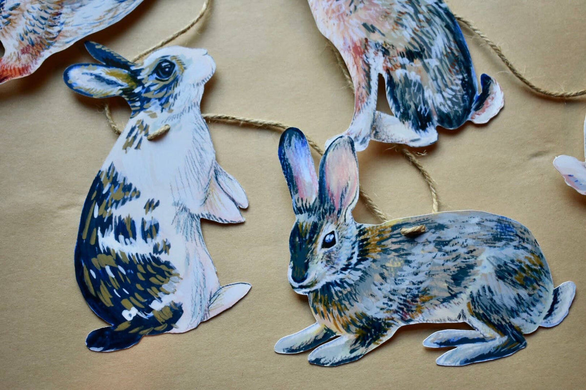 Rabbits Garland - Illustrated hares paper bunting, Nature Lover Garland