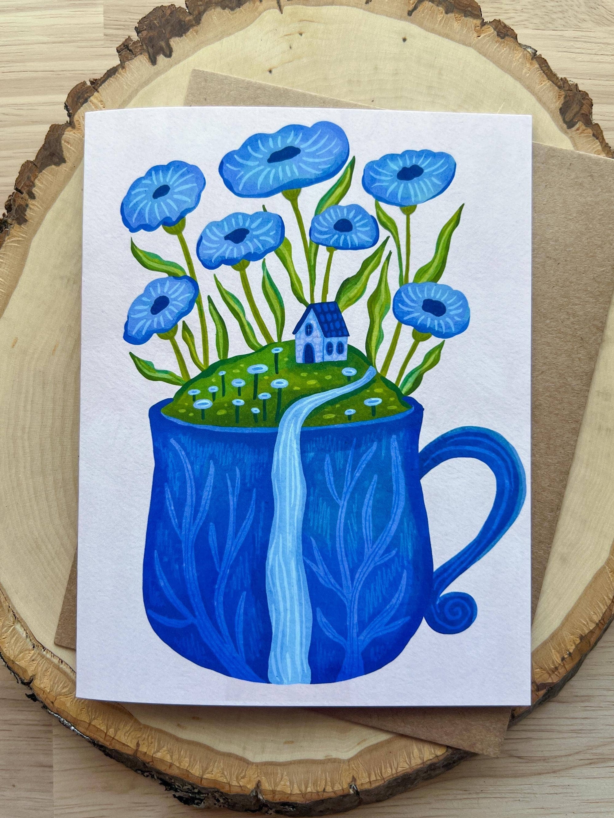 Coffee Mug Card, Blue Flowers Blank Everyday A2 Card