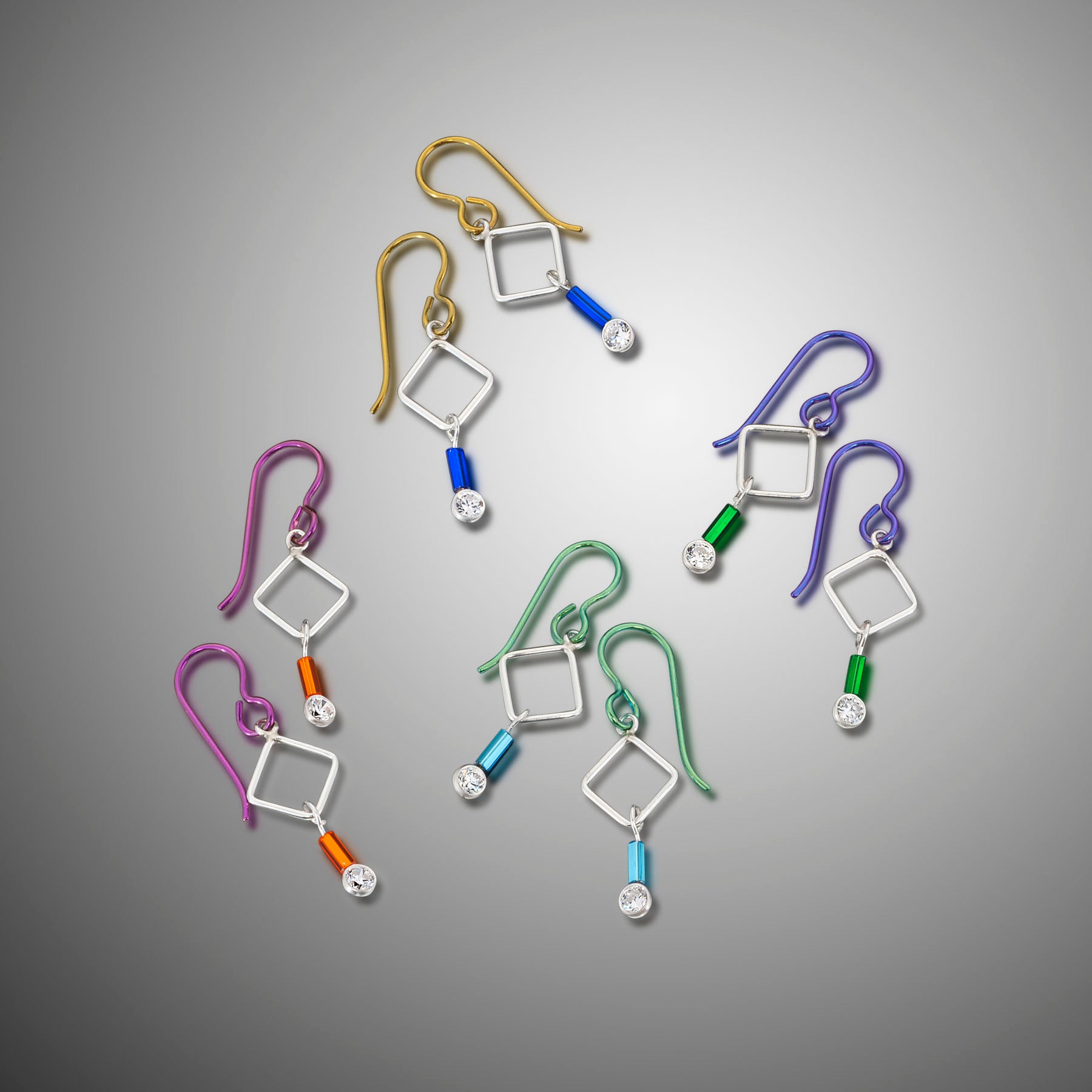 "Barb-Wire" Small Square Earrings with Cubic Zirconia and Colored Niobium Ear Wires (Blue w/ Purple Bead)
