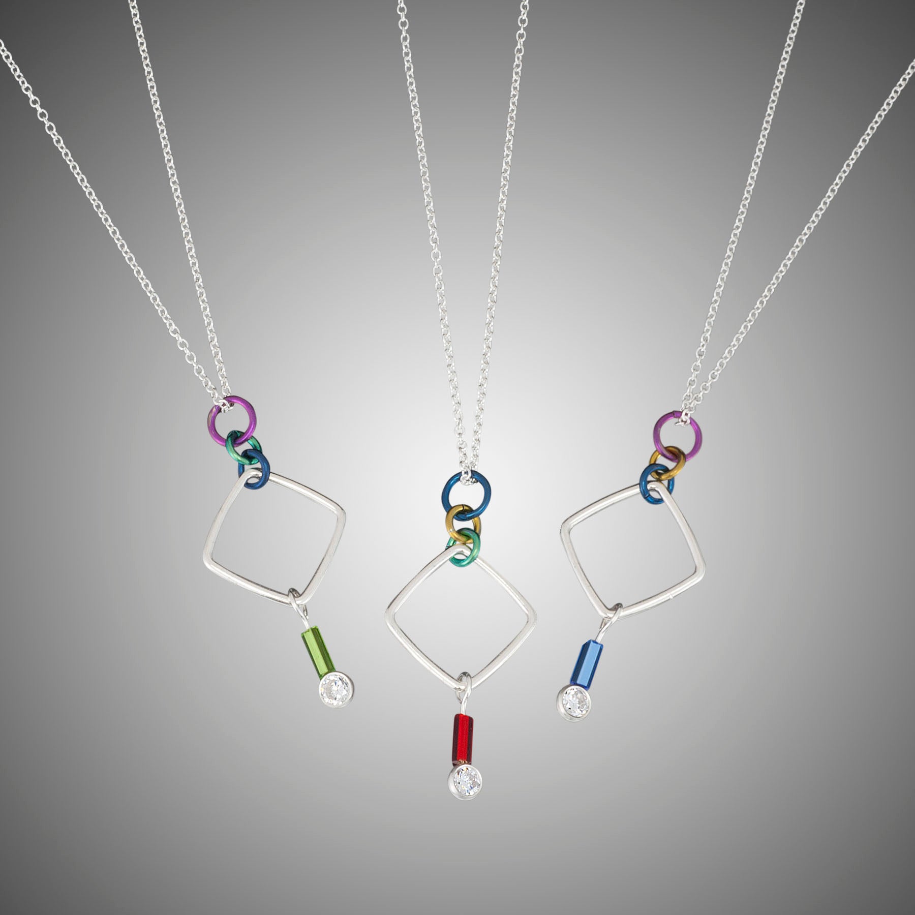 "Barb-Wire" Square Cubic Zirconia Necklace (Navy Blue Bead)