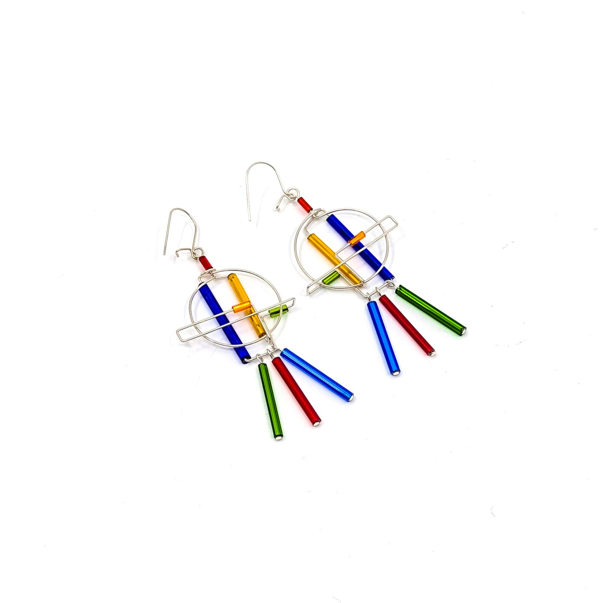 "Barb-Wire" Earrings, 3 Dangling Beads (09 Primary Colors)