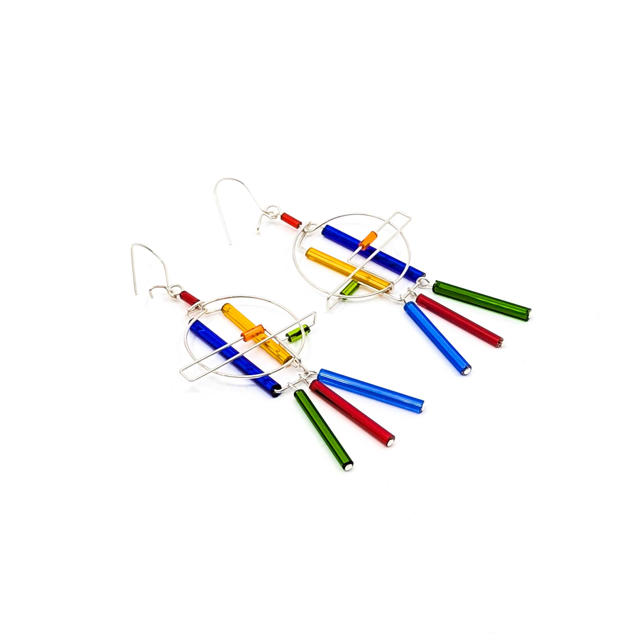 "Barb-Wire" Earrings, 3 Dangling Beads (09 Primary Colors)