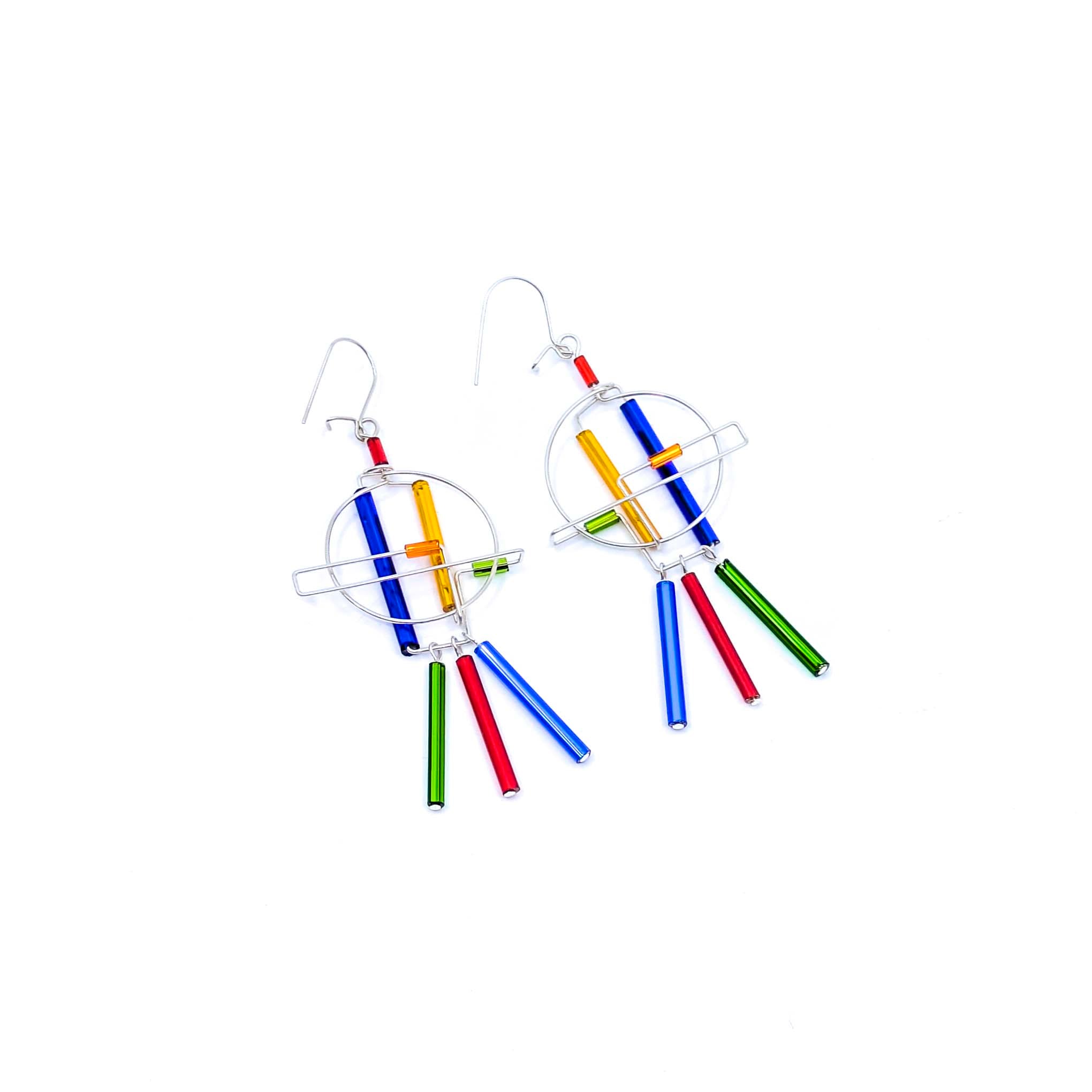 "Barb-Wire" Earrings, 3 Dangling Beads (09 Primary Colors)