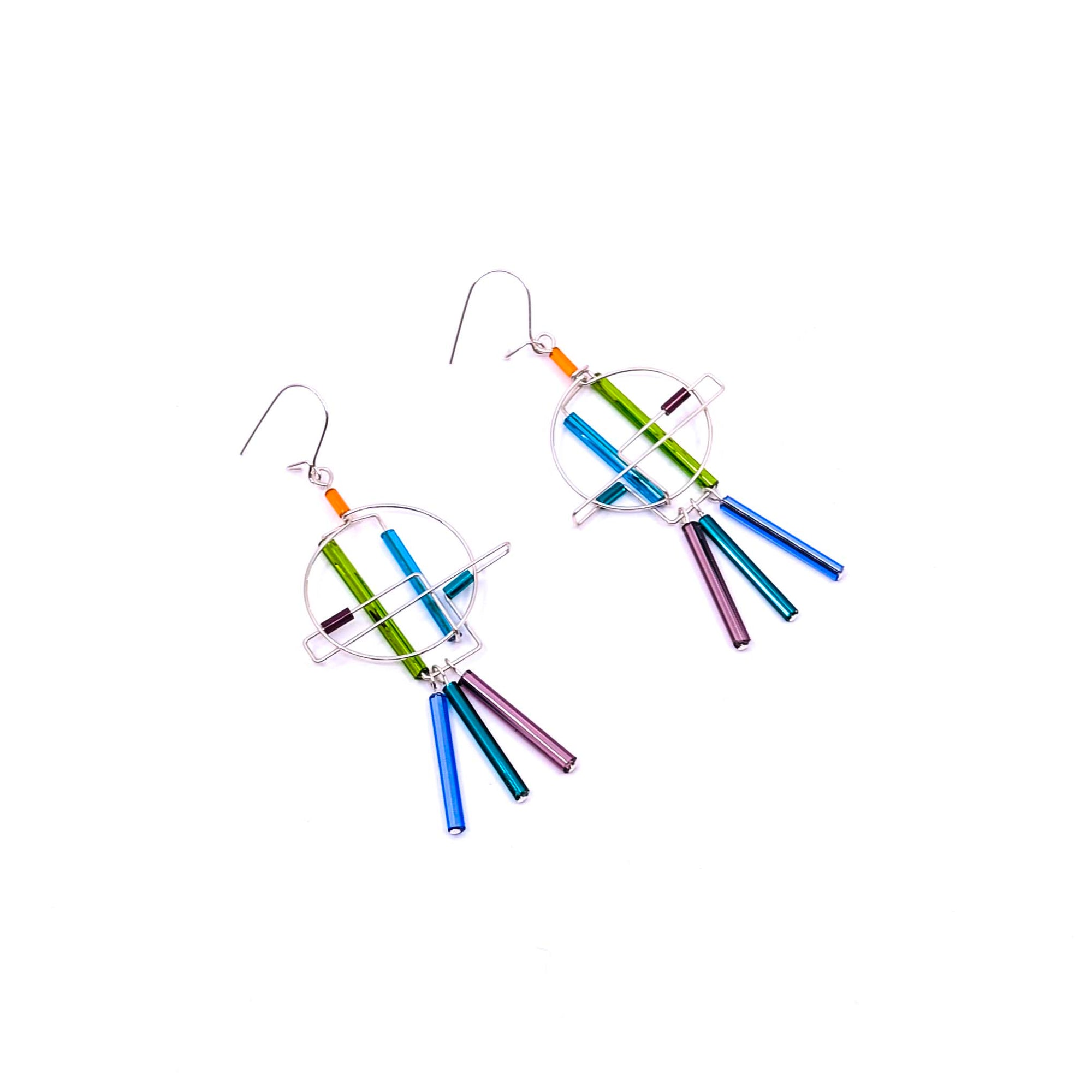 "Barb-Wire" Earrings, 3 Dangling Beads (09 Cool Colors)