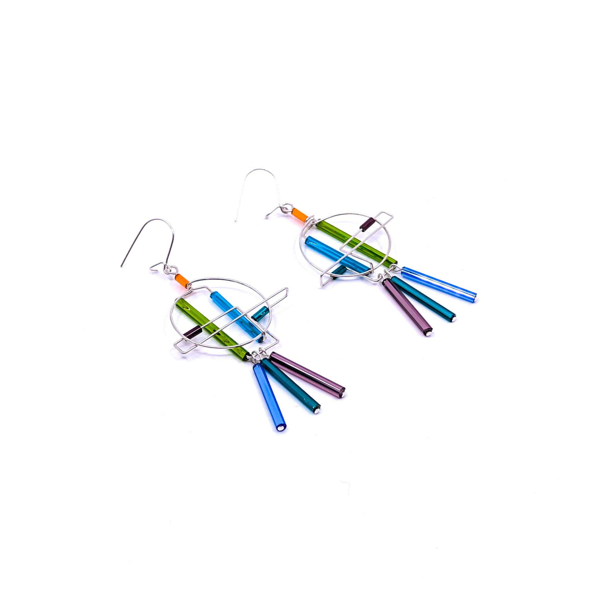 "Barb-Wire" Earrings, 3 Dangling Beads (09 Cool Colors)