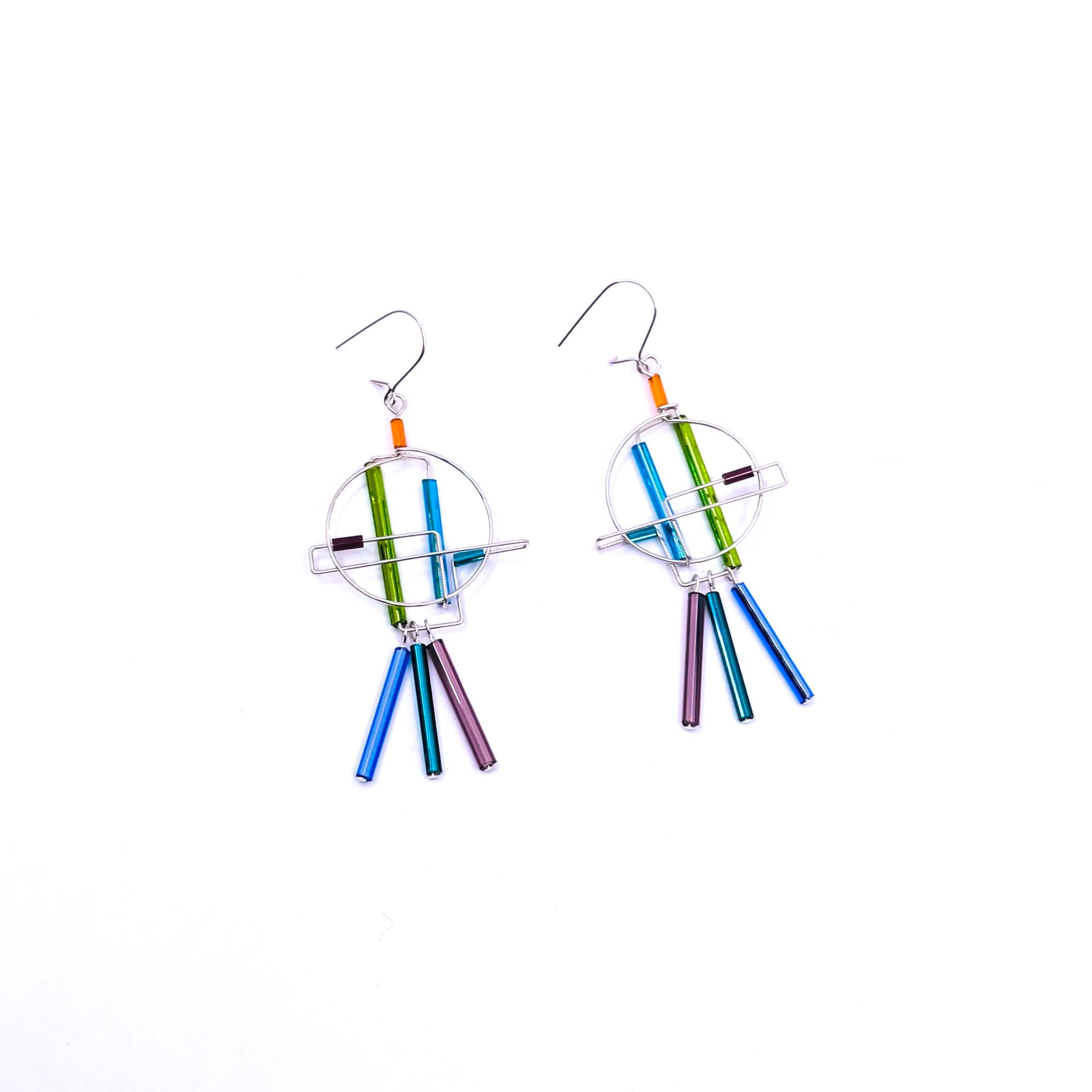 "Barb-Wire" Earrings, 3 Dangling Beads (09 Cool Colors)