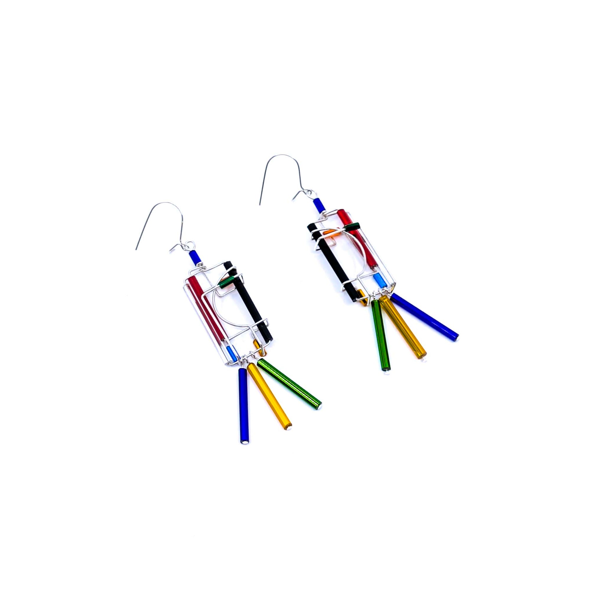 "Barb-Wire" Earrings, 3 Dangling Beads (23-Primary Colors)