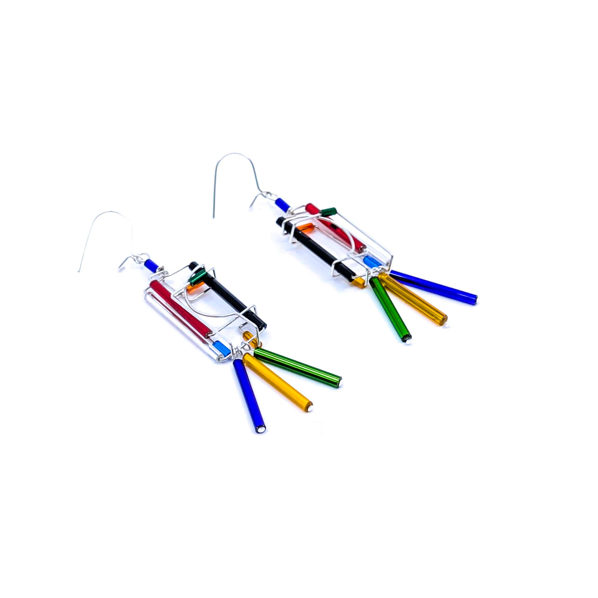 "Barb-Wire" Earrings, 3 Dangling Beads (23-Primary Colors)