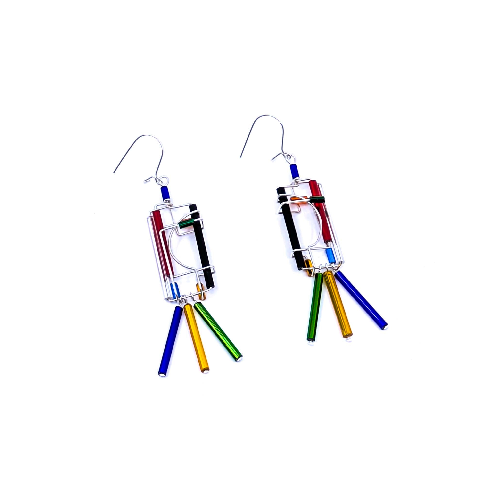 "Barb-Wire" Earrings, 3 Dangling Beads (23-Primary Colors)