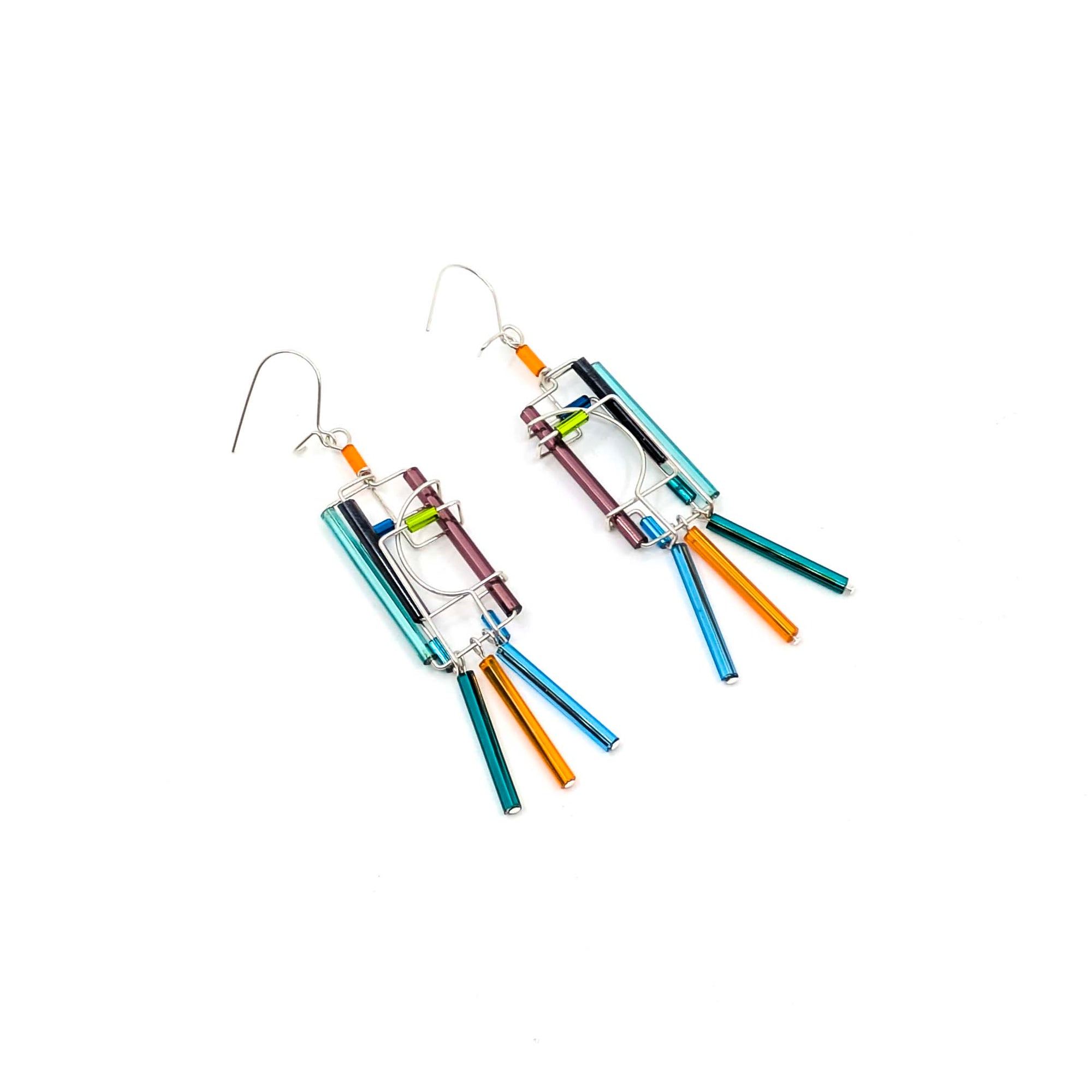 "Barb-Wire" Earrings, 3 Dangling Beads (23-Cool Colors)