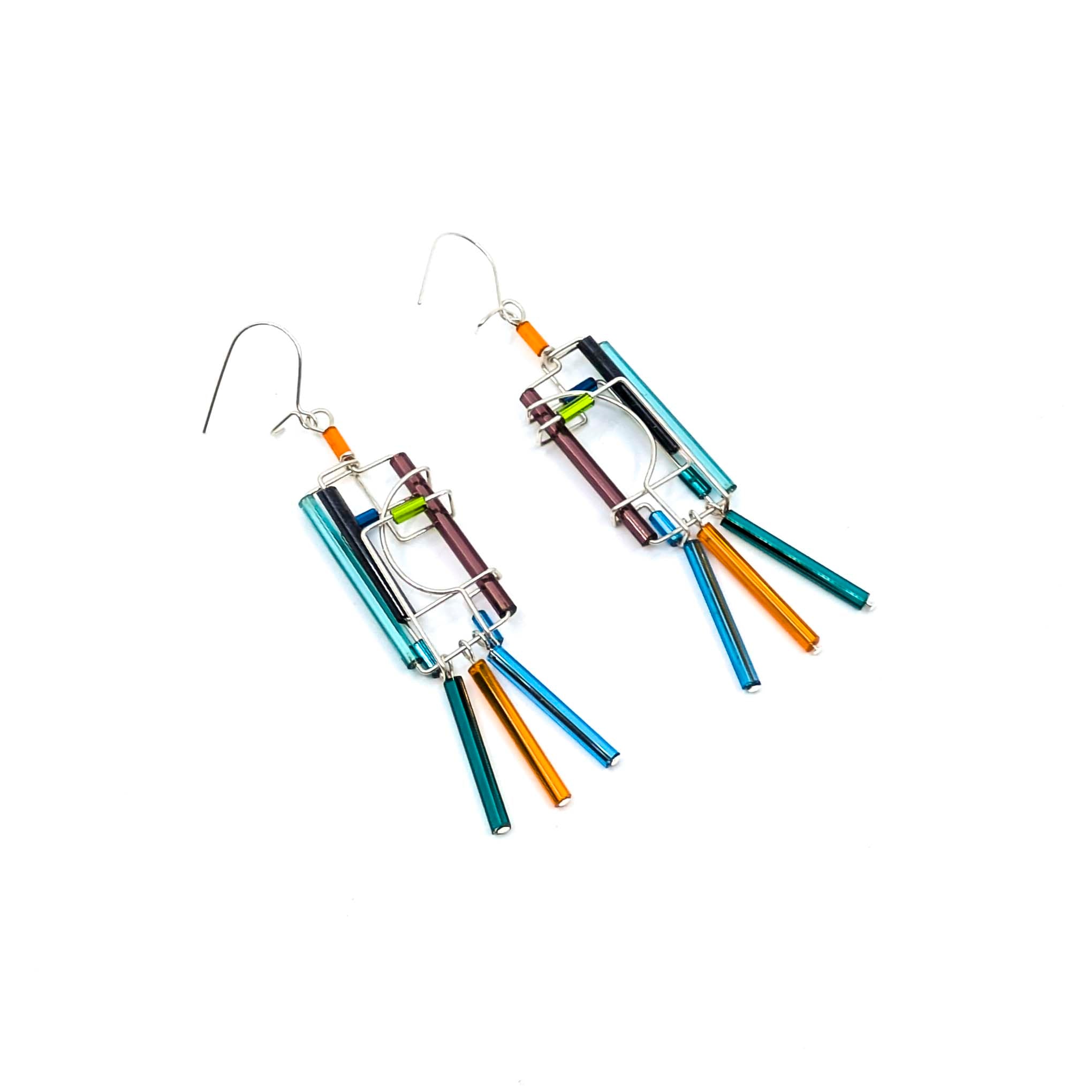 "Barb-Wire" Earrings, 3 Dangling Beads (23-Cool Colors)