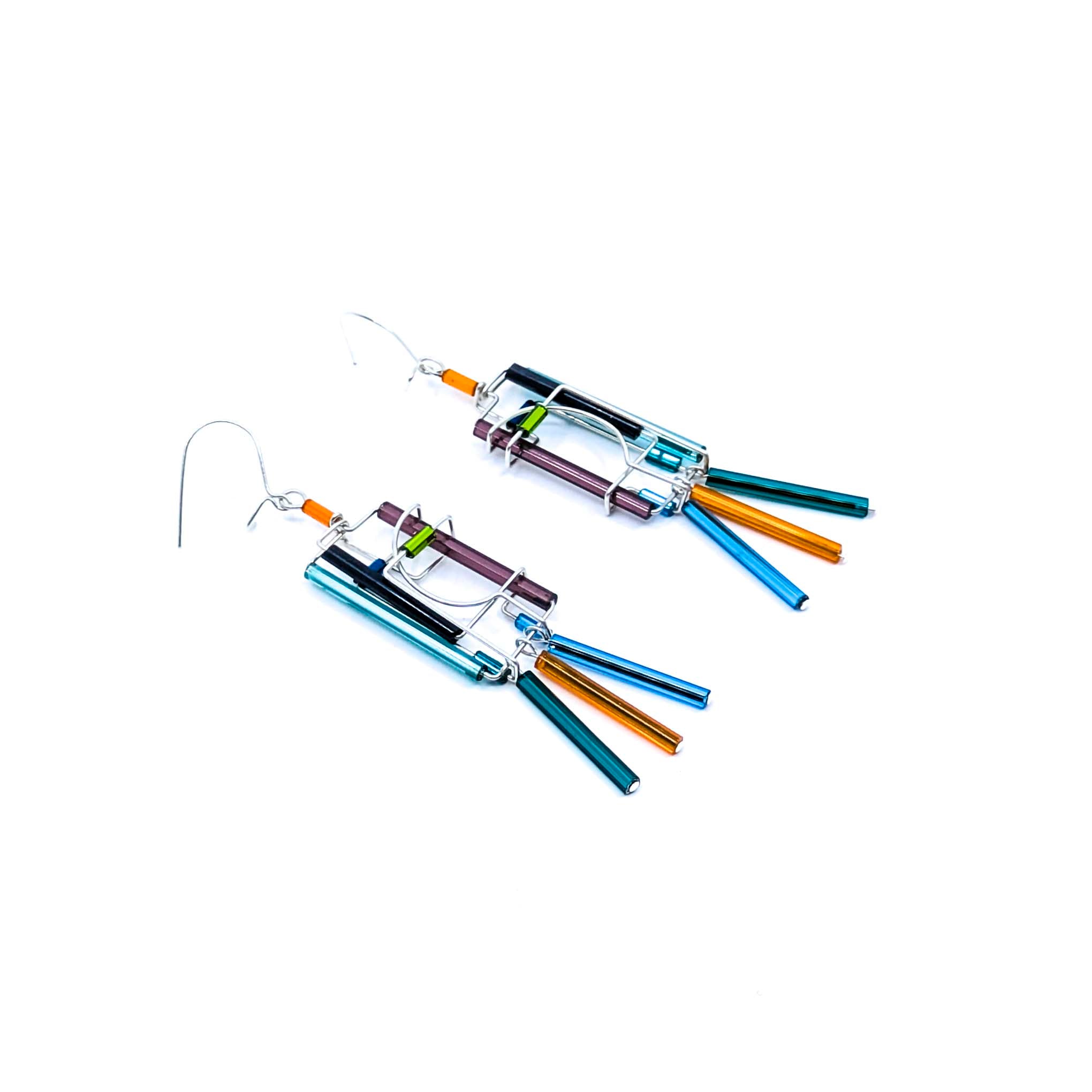 "Barb-Wire" Earrings, 3 Dangling Beads (23-Cool Colors)