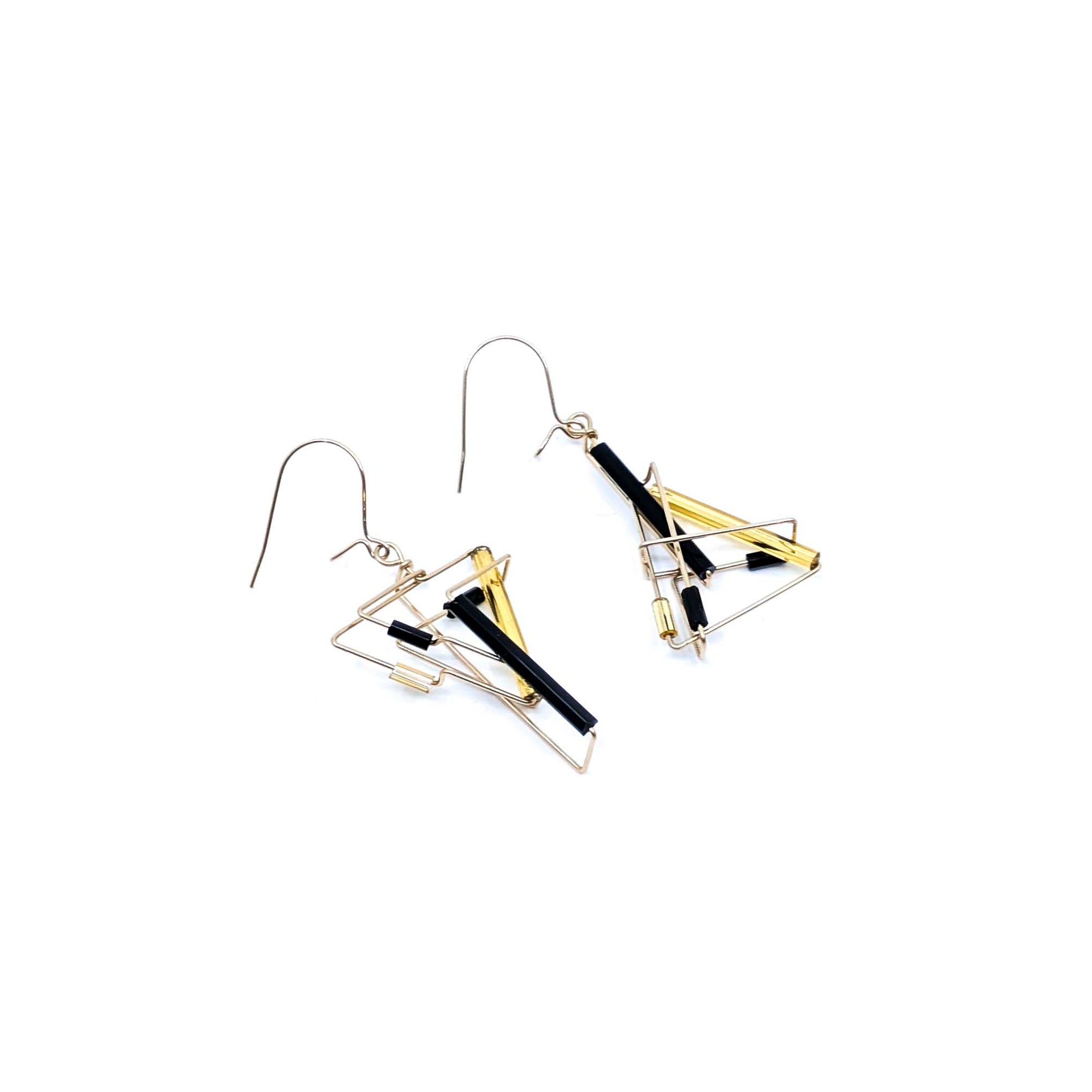 "Barb-Wire" Earrings, Yin/Yang, Asymmetrical Design, Gold Filled (1-Black/Gold Beads)