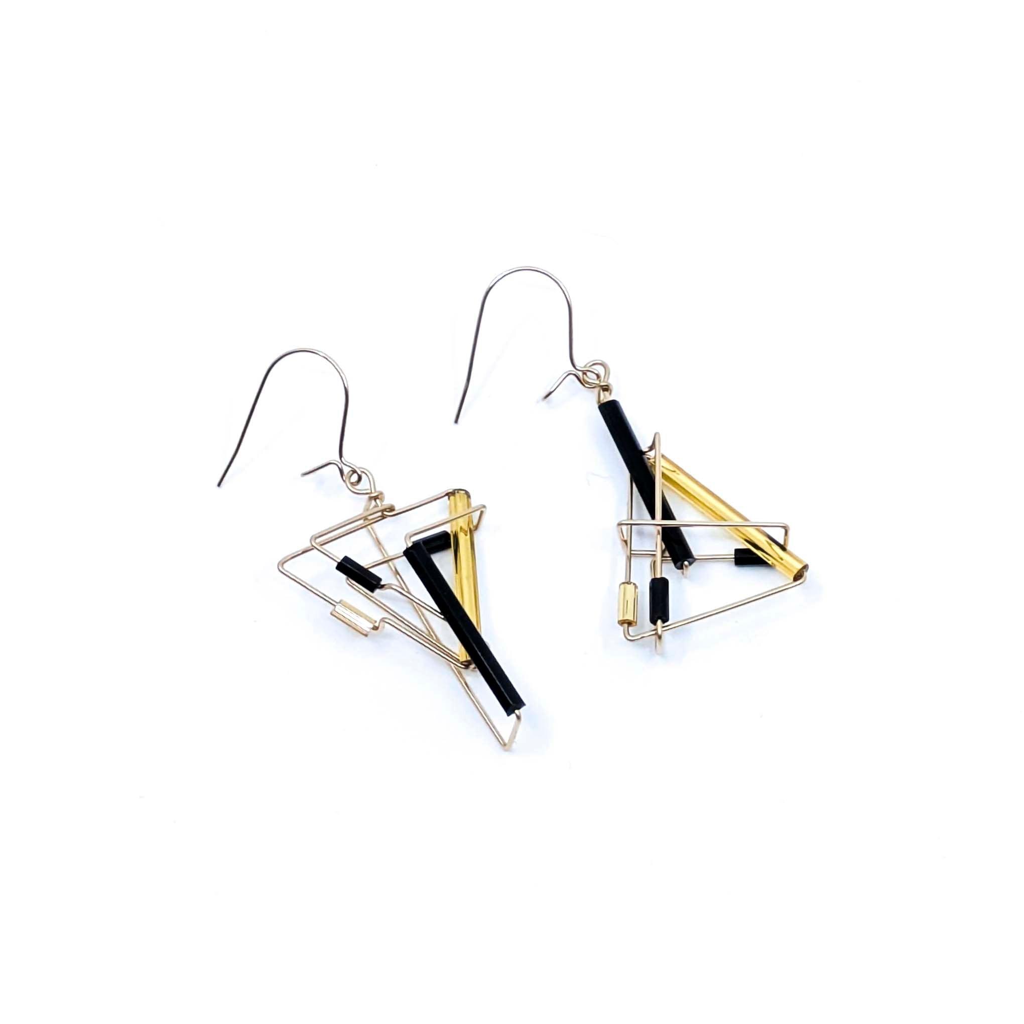 "Barb-Wire" Earrings, Yin/Yang, Asymmetrical Design, Gold Filled (1-Black/Gold Beads)