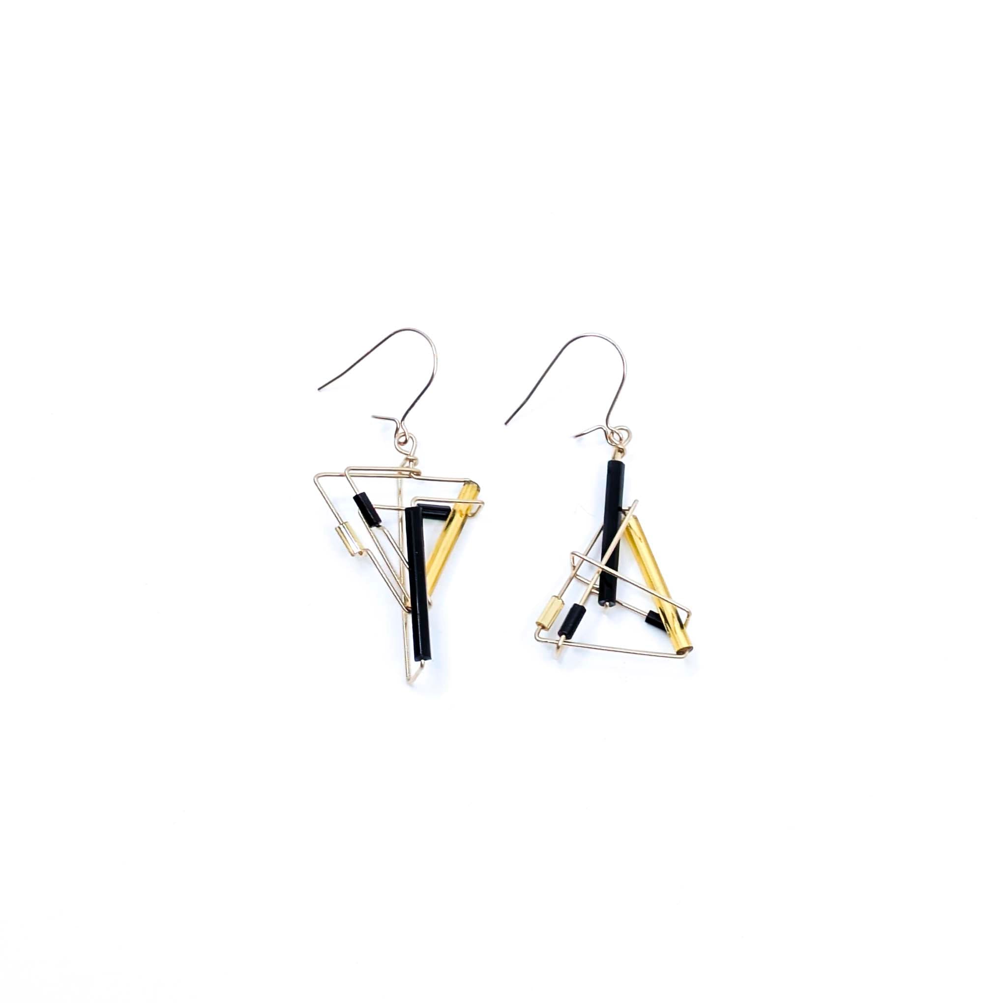 "Barb-Wire" Earrings, Yin/Yang, Asymmetrical Design, Gold Filled (1-Black/Gold Beads)
