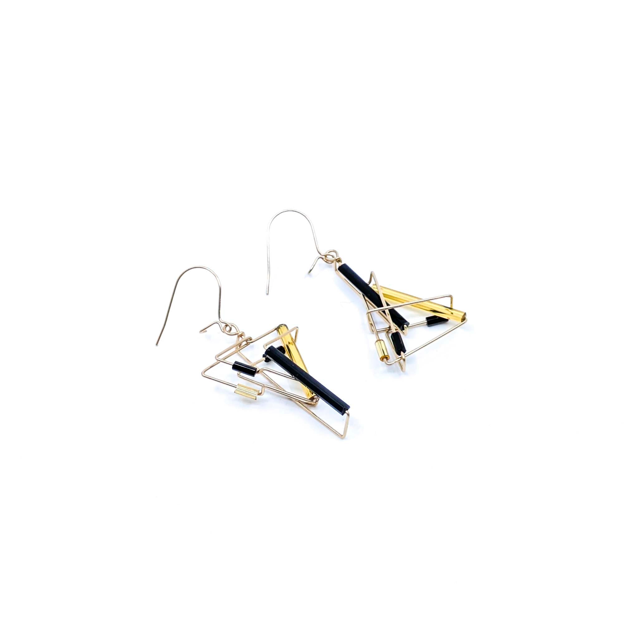 "Barb-Wire" Earrings, Yin/Yang, Asymmetrical Design, Gold Filled (1-Black/Gold Beads)