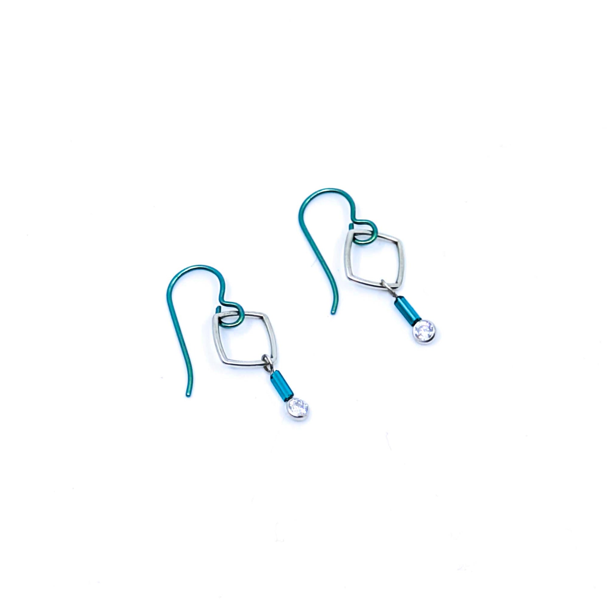 "Barb-Wire" Small Square Earrings with Cubic Zirconia and Colored Niobium Ear Wires (Teal w/ Teal Bead)
