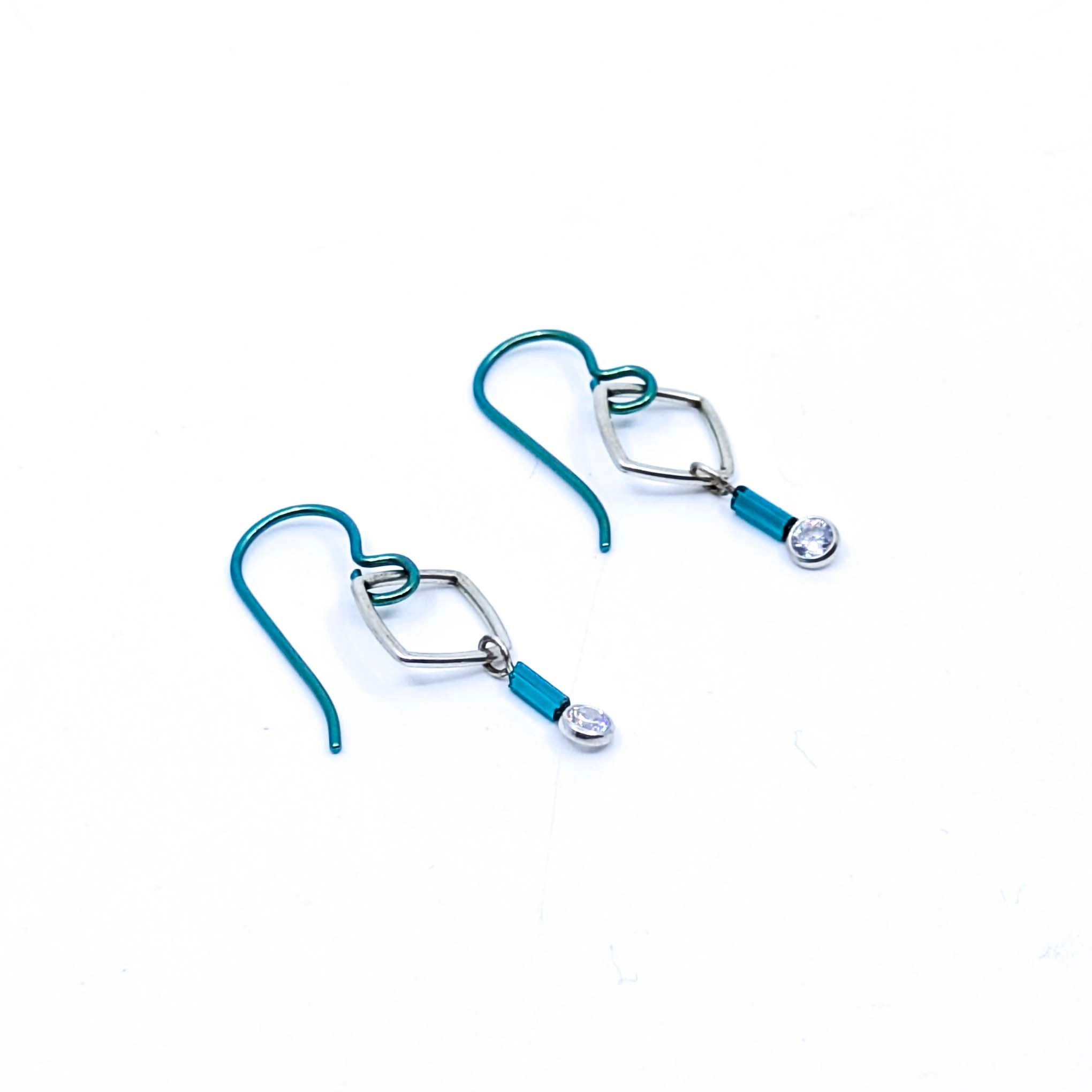 "Barb-Wire" Small Square Earrings with Cubic Zirconia and Colored Niobium Ear Wires (Teal w/ Teal Bead)