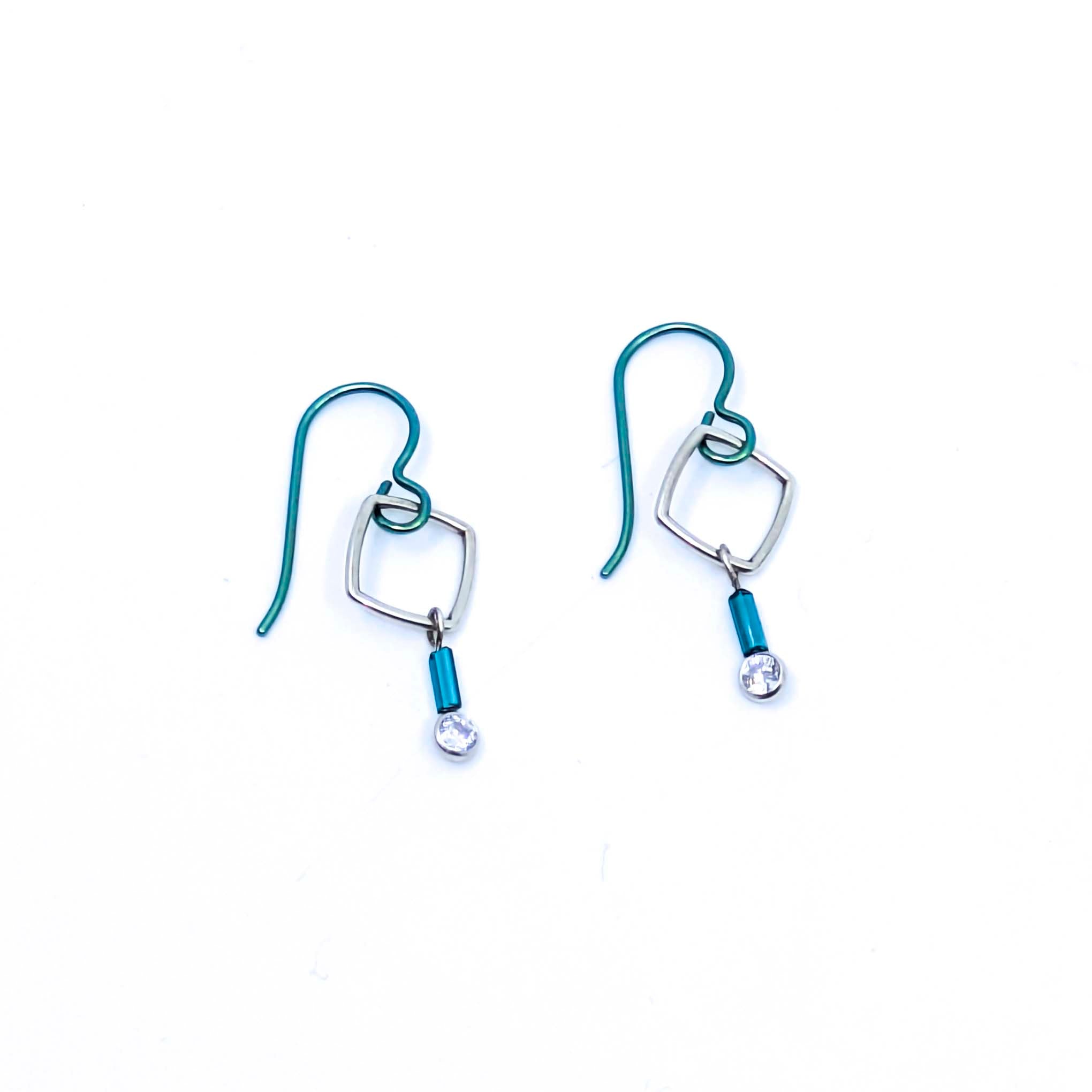 "Barb-Wire" Small Square Earrings with Cubic Zirconia and Colored Niobium Ear Wires (Teal w/ Teal Bead)