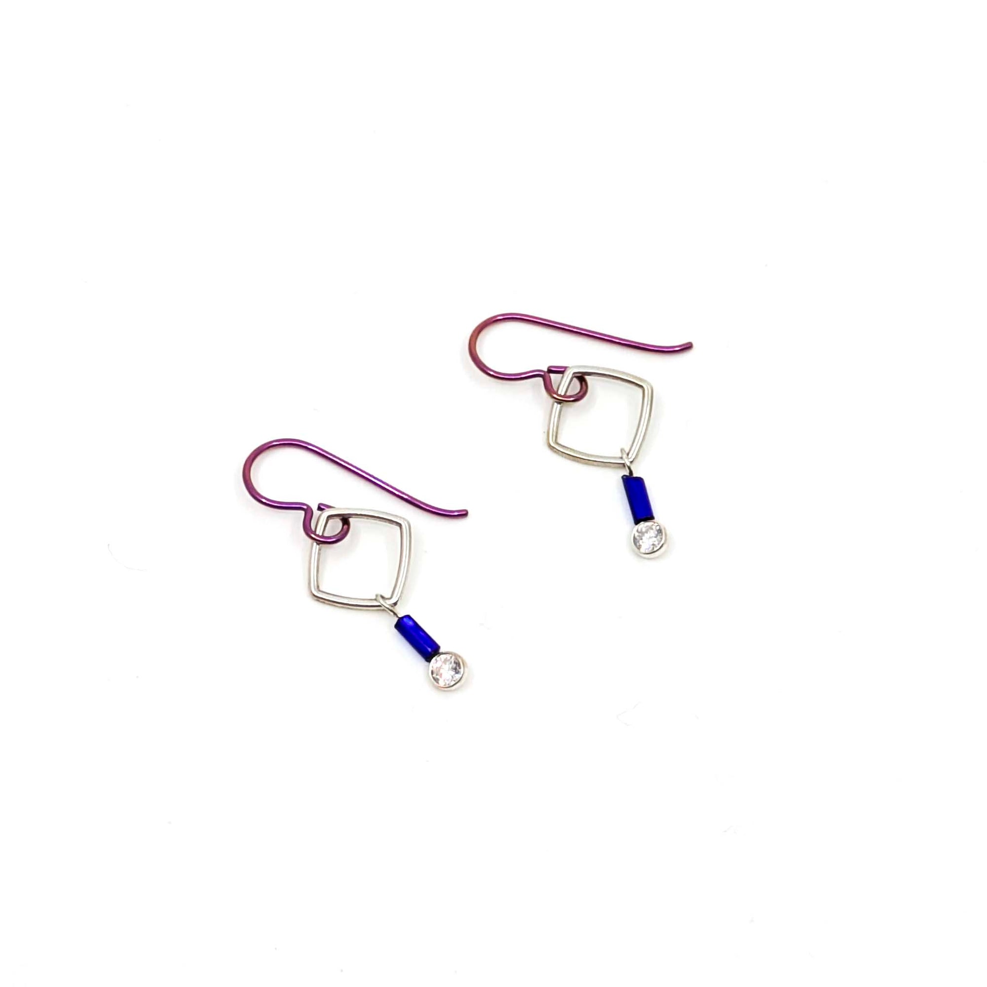 "Barb-Wire" Small Square Earrings with Cubic Zirconia and Colored Niobium Ear Wires (Purple w/ Navy Blue Bead)