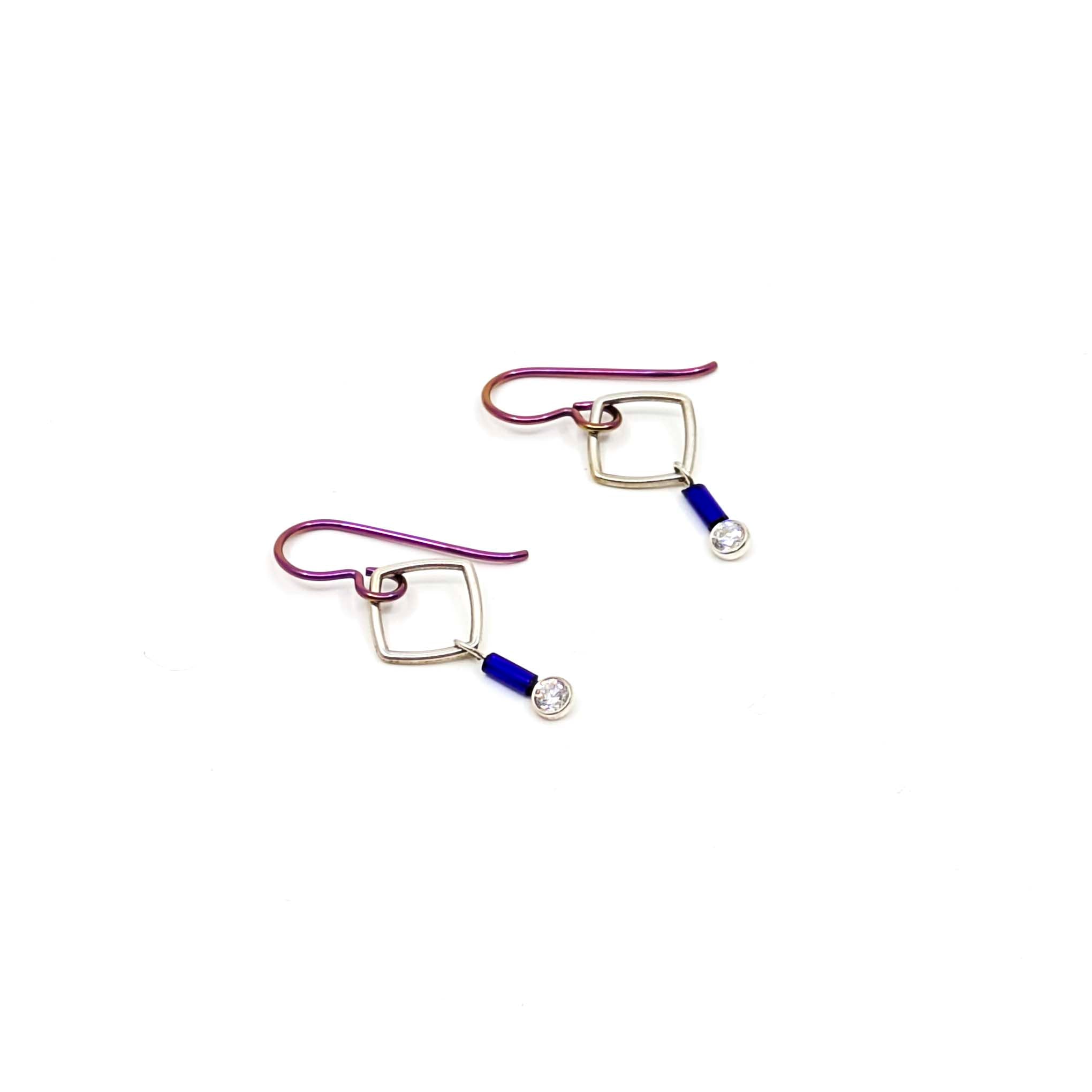 "Barb-Wire" Small Square Earrings with Cubic Zirconia and Colored Niobium Ear Wires (Purple w/ Navy Blue Bead)