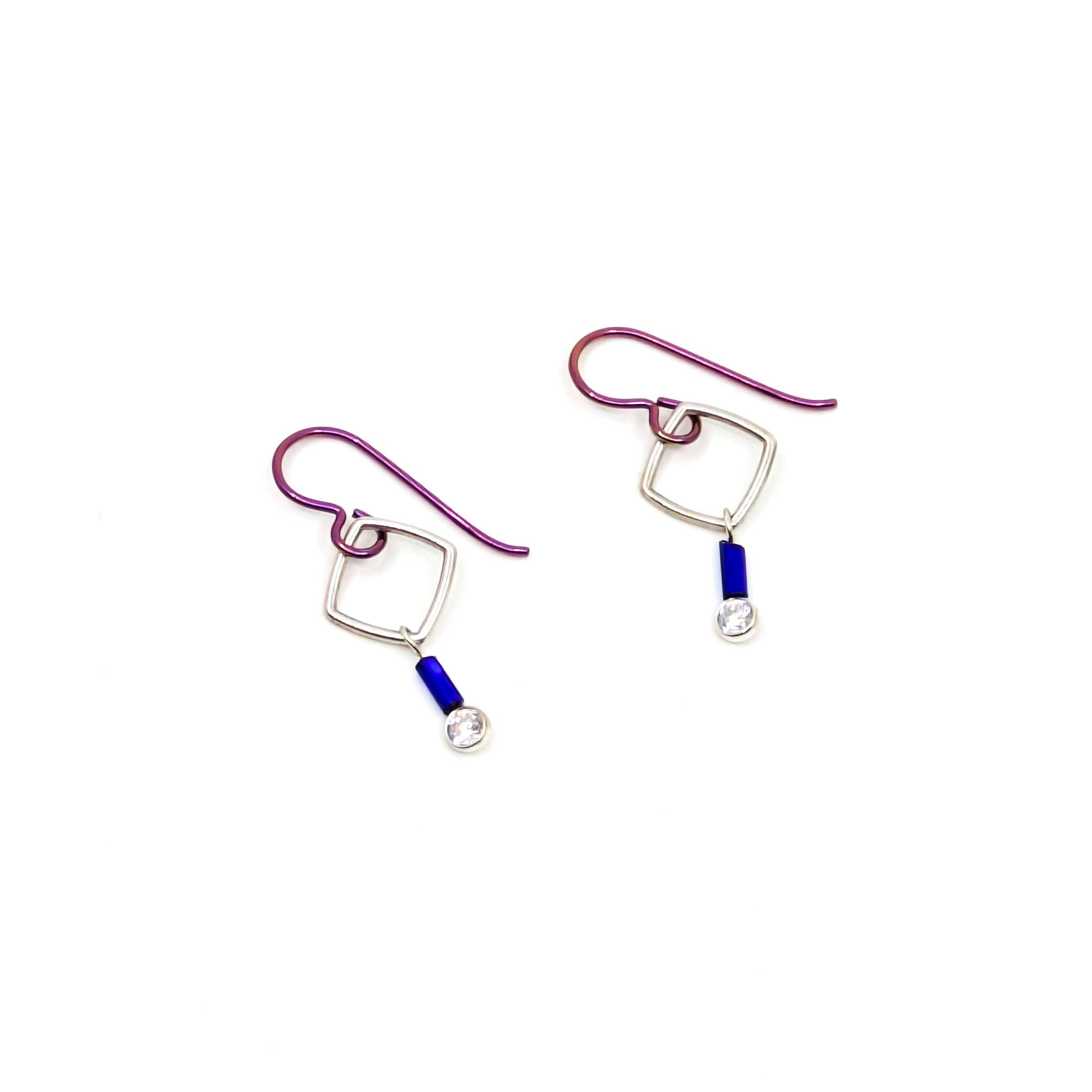 "Barb-Wire" Small Square Earrings with Cubic Zirconia and Colored Niobium Ear Wires (Purple w/ Navy Blue Bead)