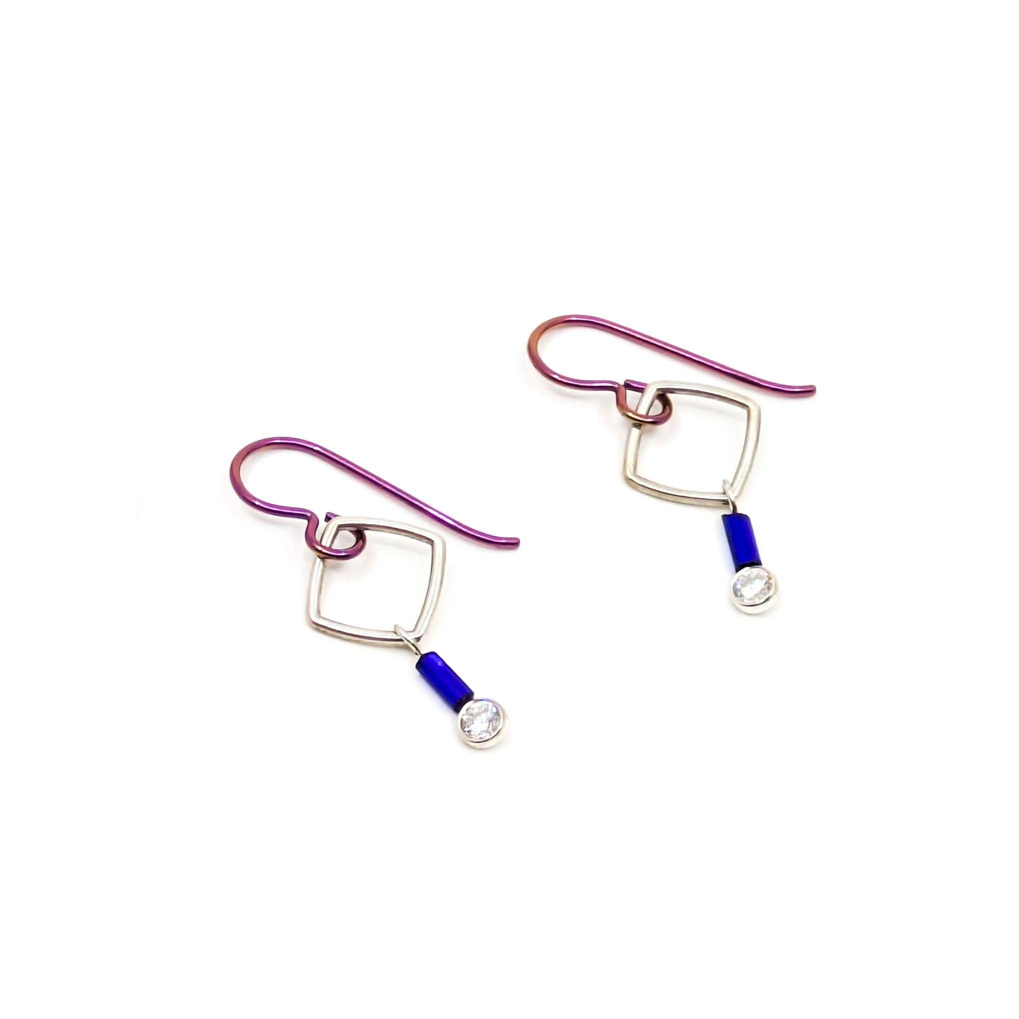 "Barb-Wire" Small Square Earrings with Cubic Zirconia and Colored Niobium Ear Wires (Purple w/ Navy Blue Bead)