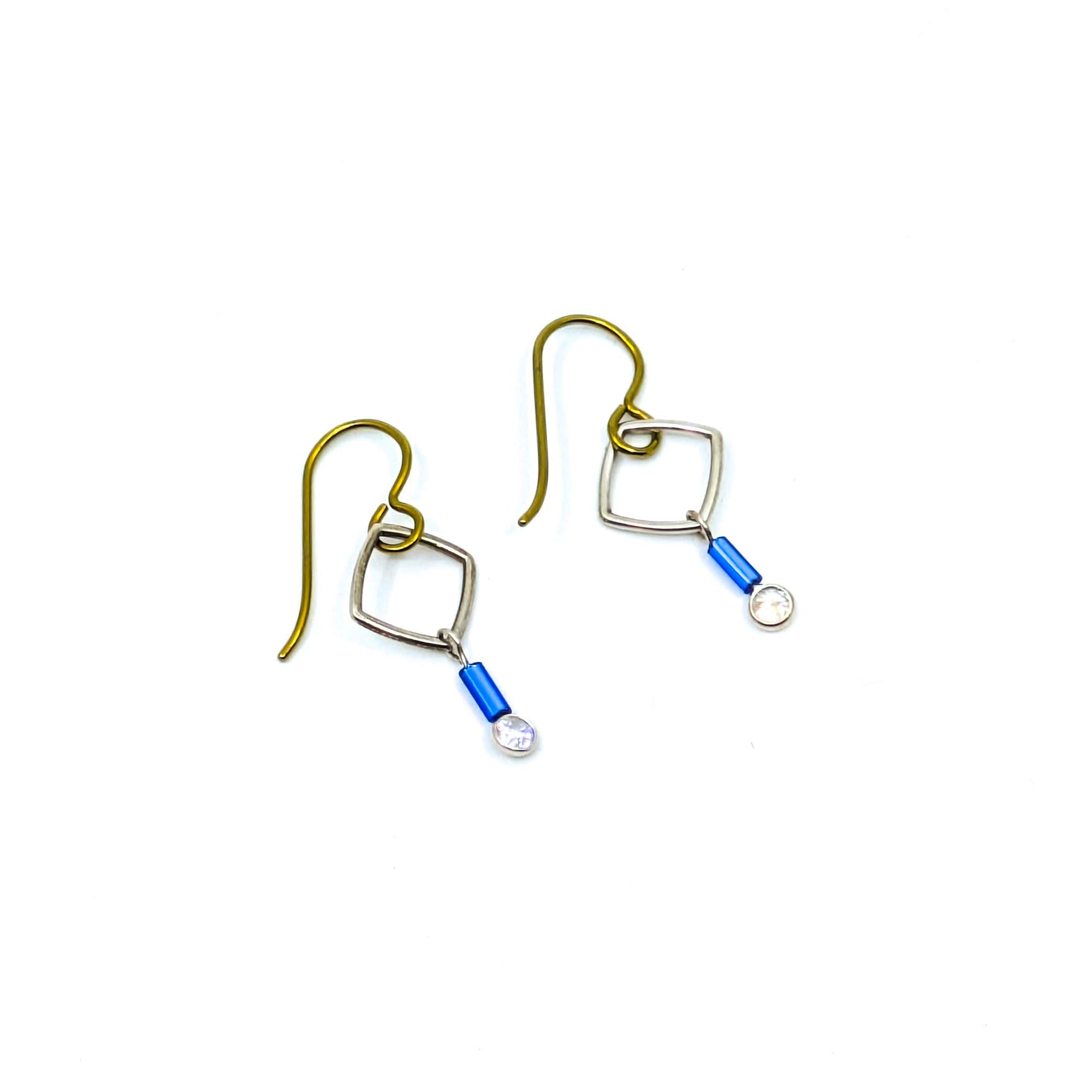 "Barb-Wire" Small Square Earrings with Cubic Zirconia and Colored Niobium Ear Wires (Gold w/ Light Blue Bead)