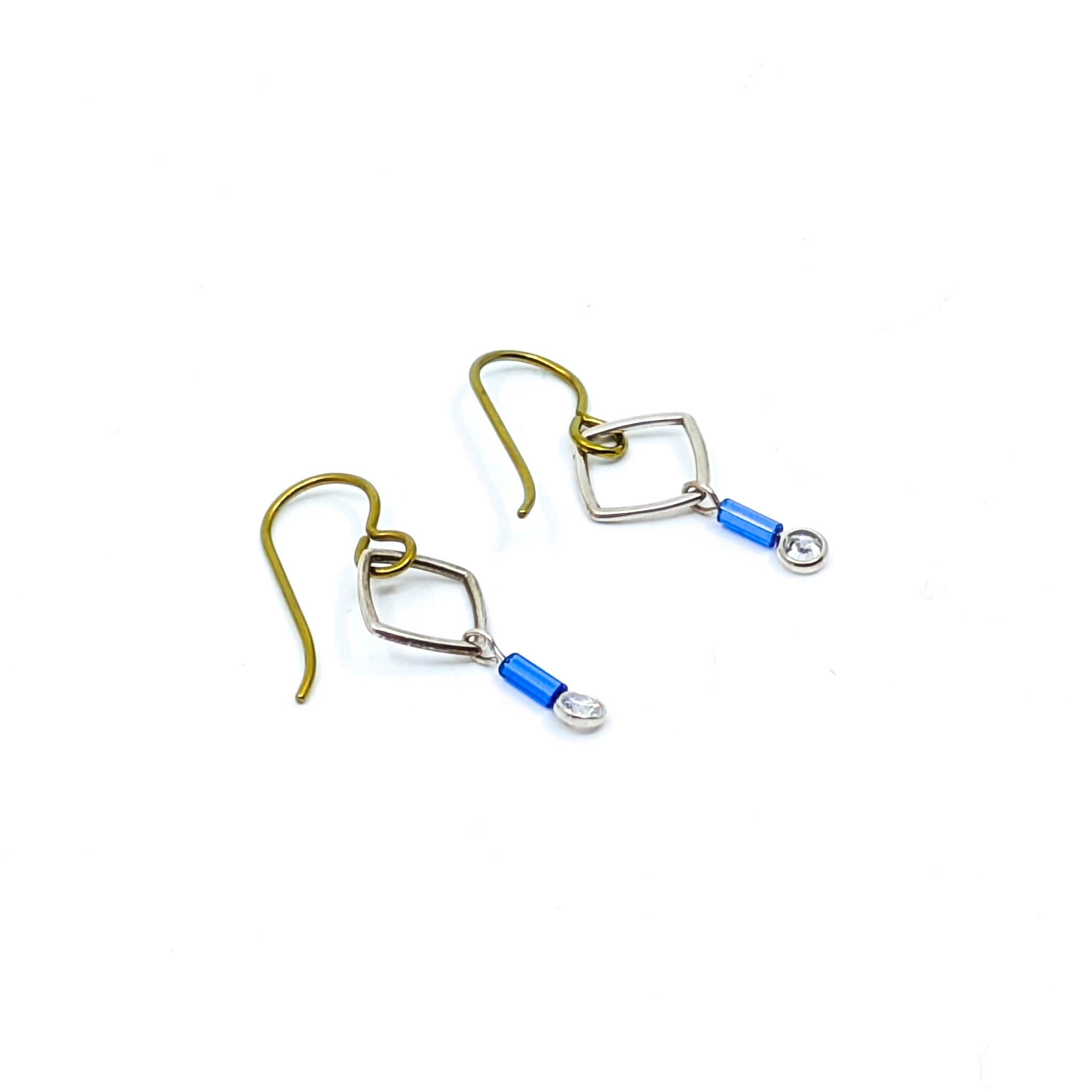 "Barb-Wire" Small Square Earrings with Cubic Zirconia and Colored Niobium Ear Wires (Gold w/ Light Blue Bead)