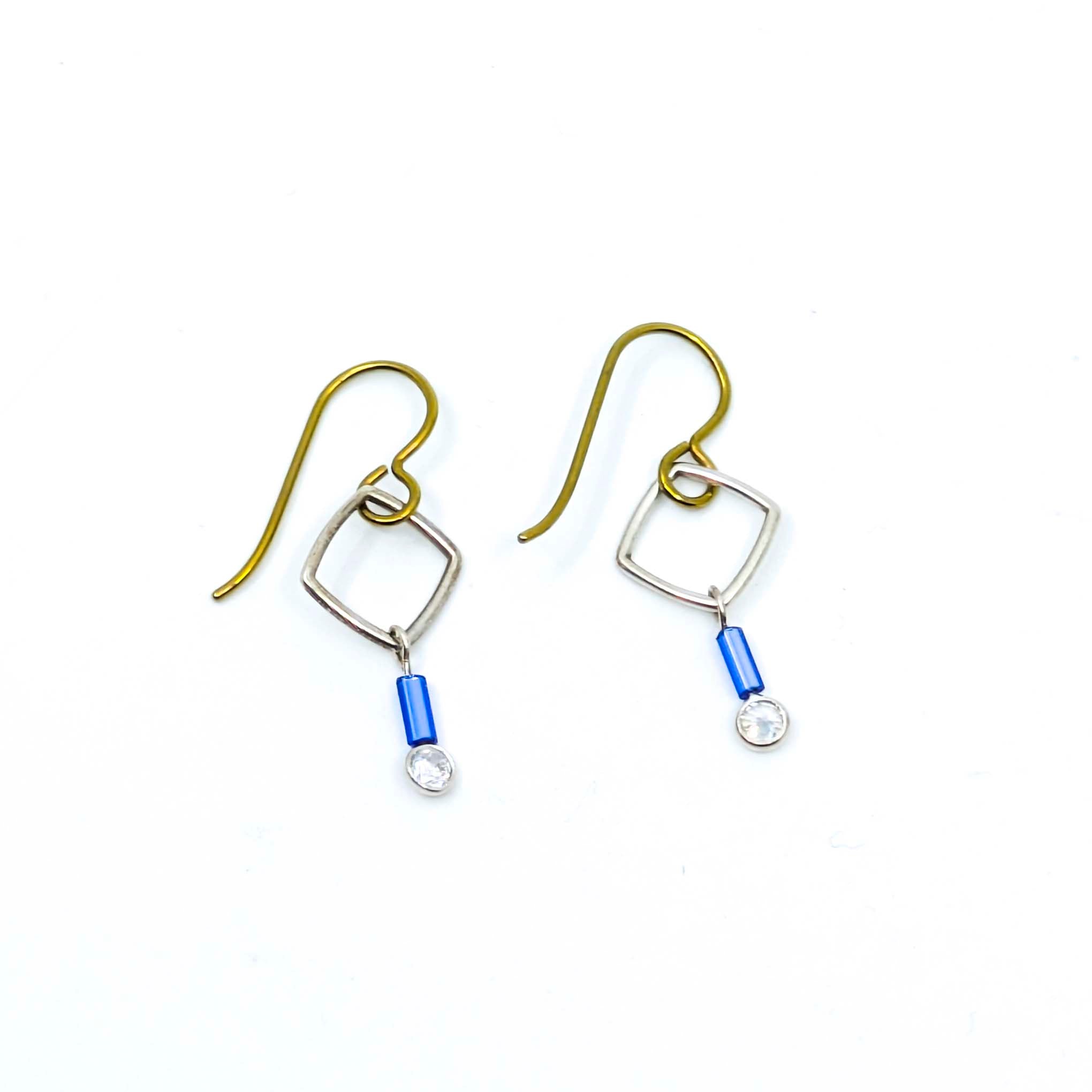"Barb-Wire" Small Square Earrings with Cubic Zirconia and Colored Niobium Ear Wires (Gold w/ Light Blue Bead)