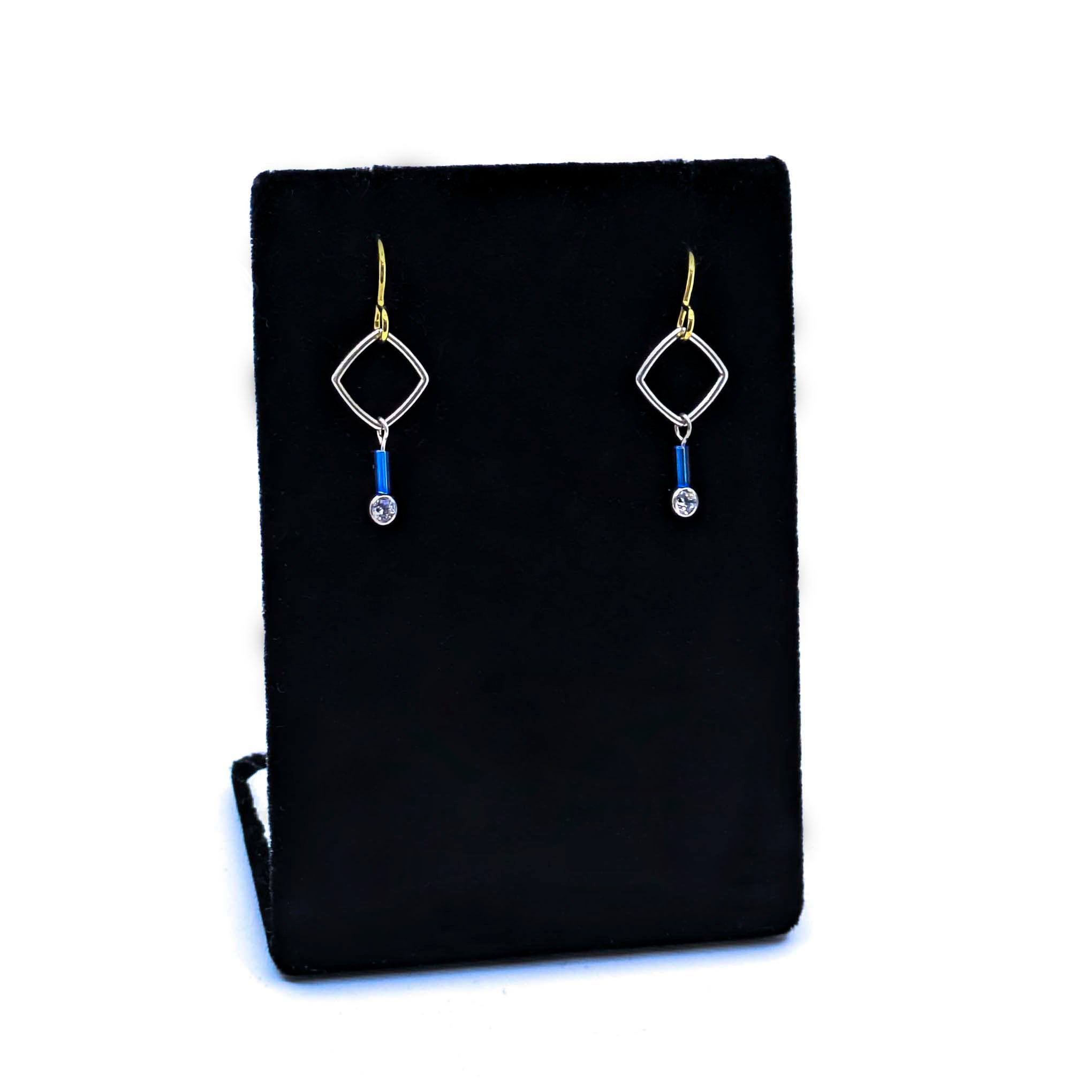 "Barb-Wire" Small Square Earrings with Cubic Zirconia and Colored Niobium Ear Wires (Gold w/ Light Blue Bead)
