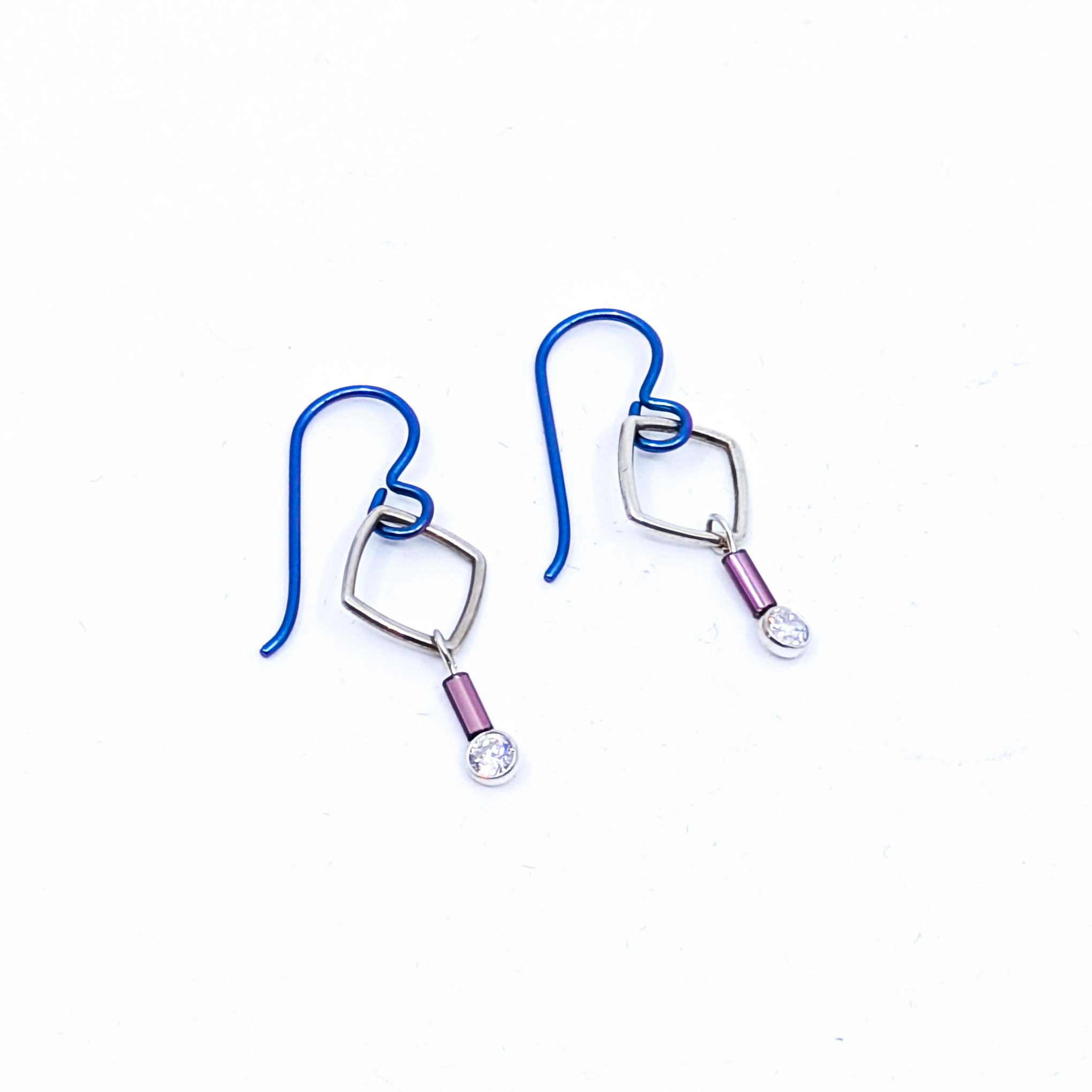 "Barb-Wire" Small Square Earrings with Cubic Zirconia and Colored Niobium Ear Wires (Blue w/ Purple Bead)