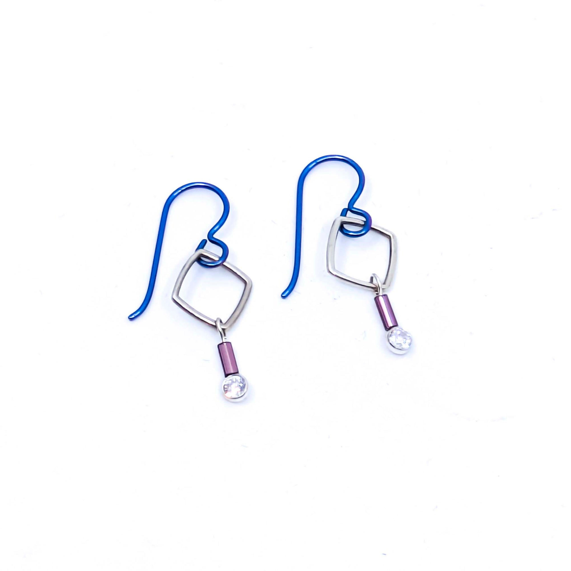 "Barb-Wire" Small Square Earrings with Cubic Zirconia and Colored Niobium Ear Wires (Blue w/ Purple Bead)