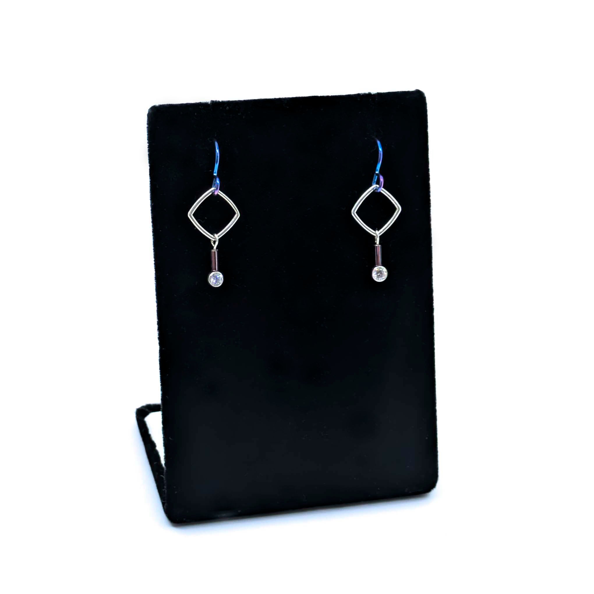 "Barb-Wire" Small Square Earrings with Cubic Zirconia and Colored Niobium Ear Wires (Blue w/ Purple Bead)
