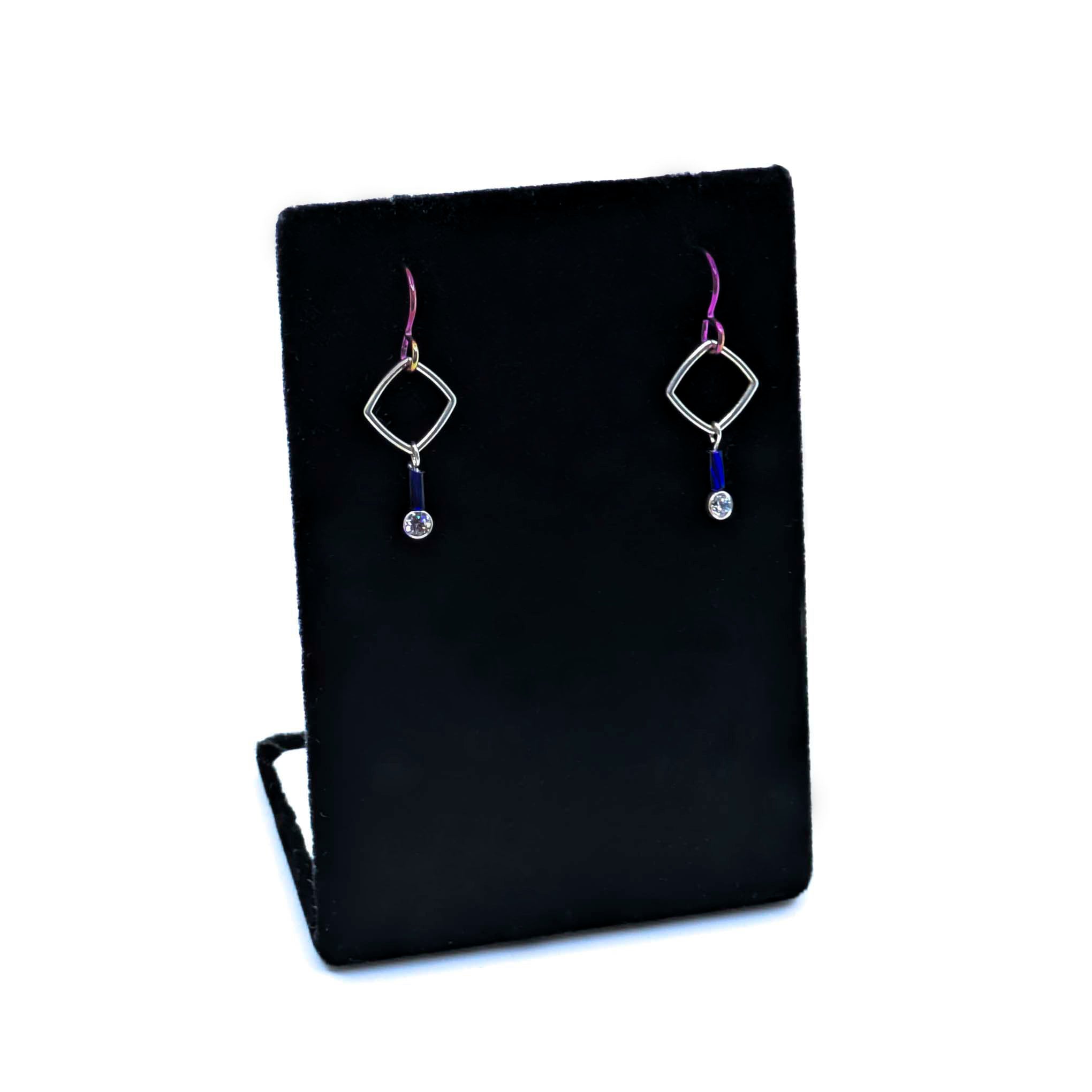 "Barb-Wire" Small Square Earrings with Cubic Zirconia and Colored Niobium Ear Wires (Purple w/ Navy Blue Bead)