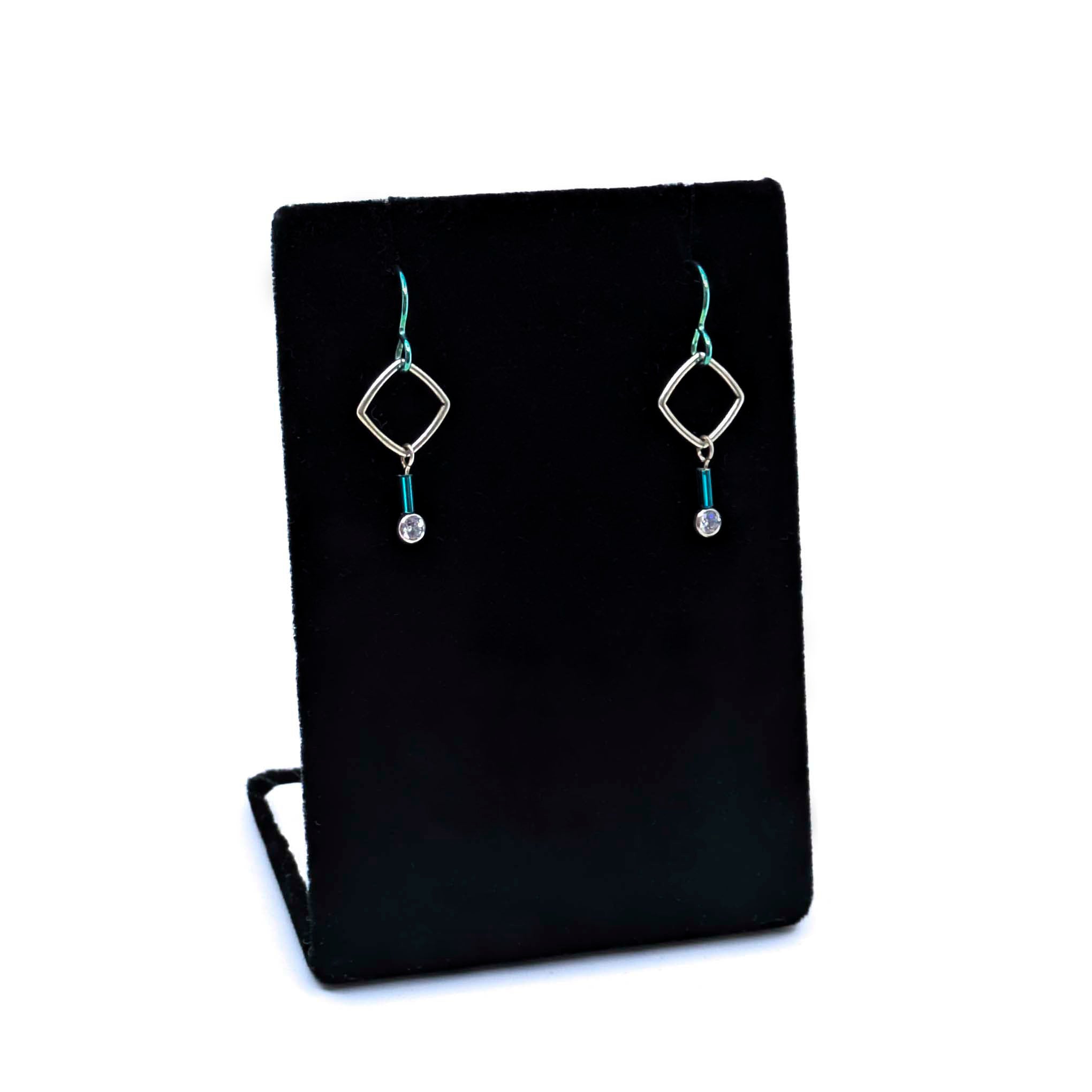 "Barb-Wire" Small Square Earrings with Cubic Zirconia and Colored Niobium Ear Wires (Teal w/ Teal Bead)