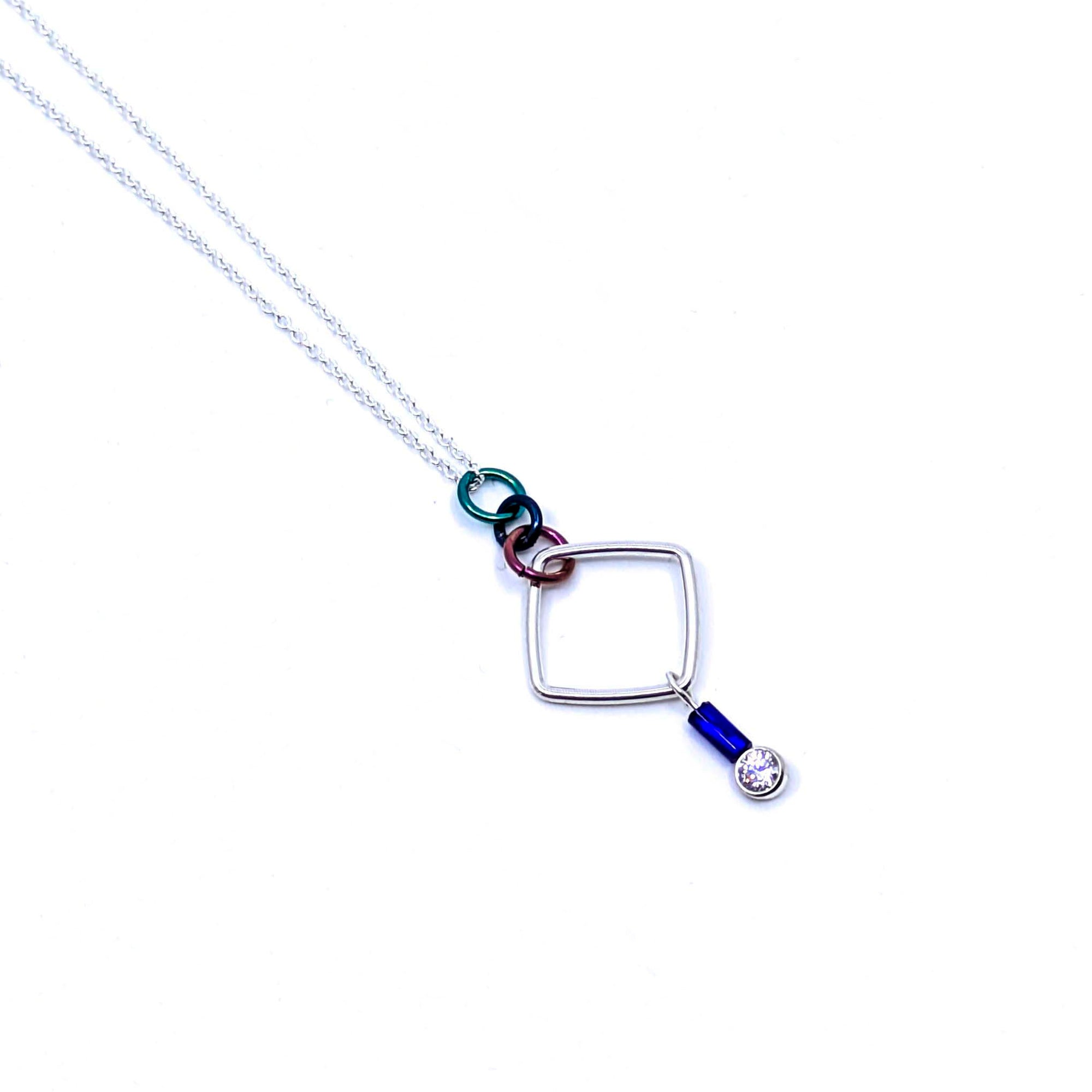"Barb-Wire" Square Cubic Zirconia Necklace (Navy Blue Bead)
