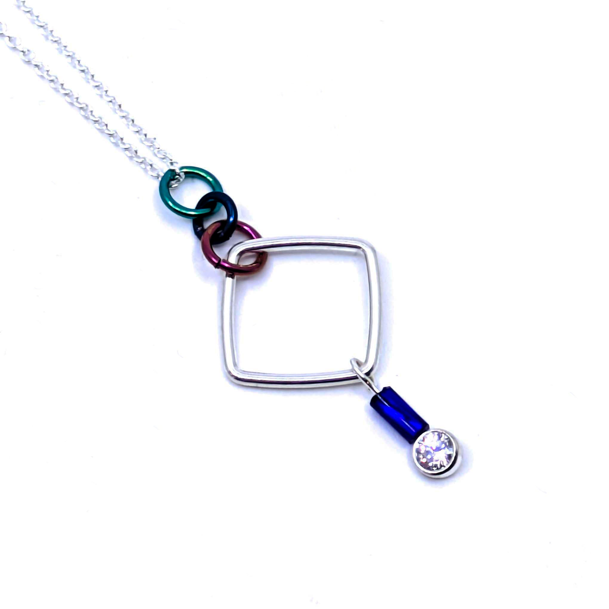 "Barb-Wire" Square Cubic Zirconia Necklace (Navy Blue Bead)