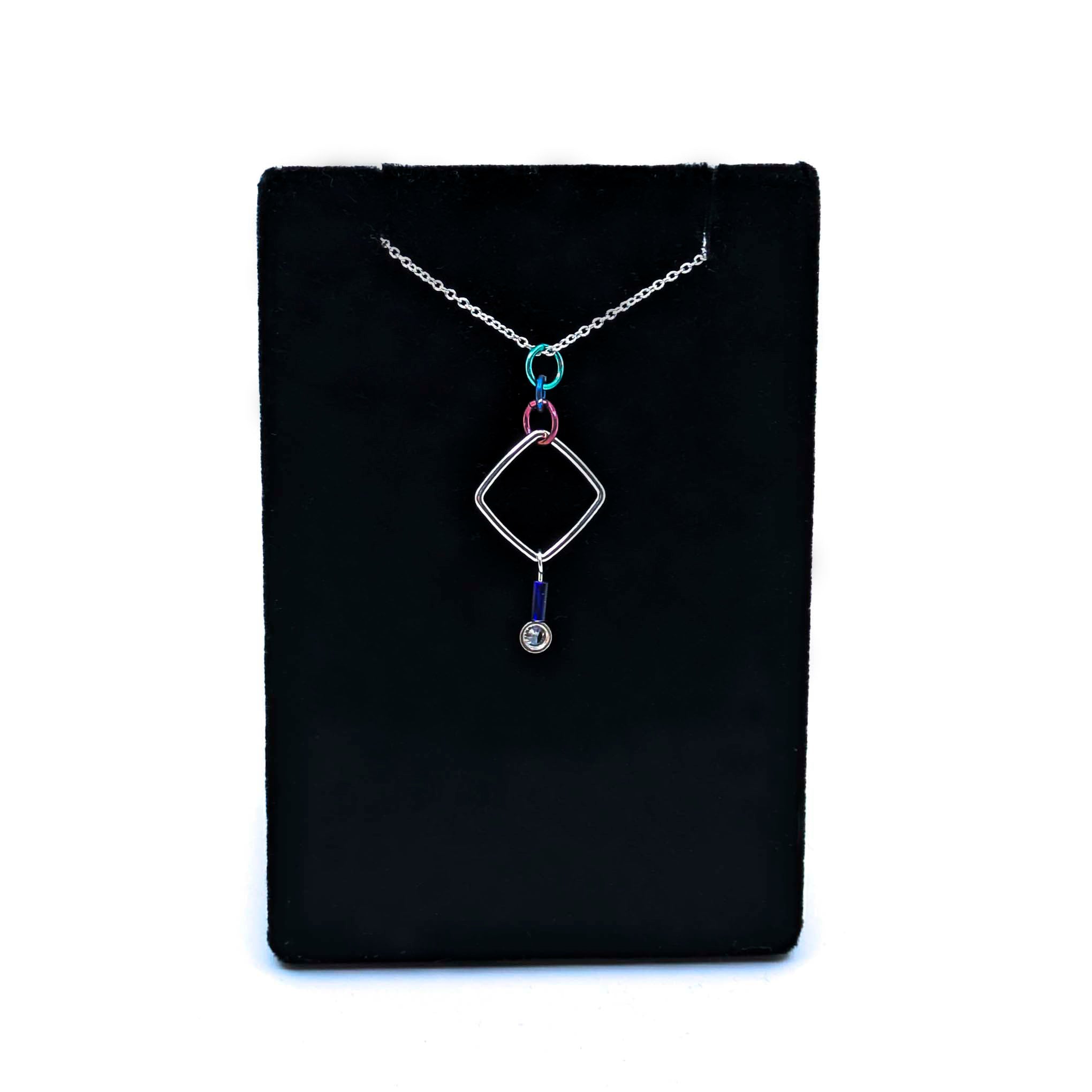"Barb-Wire" Square Cubic Zirconia Necklace (Navy Blue Bead)