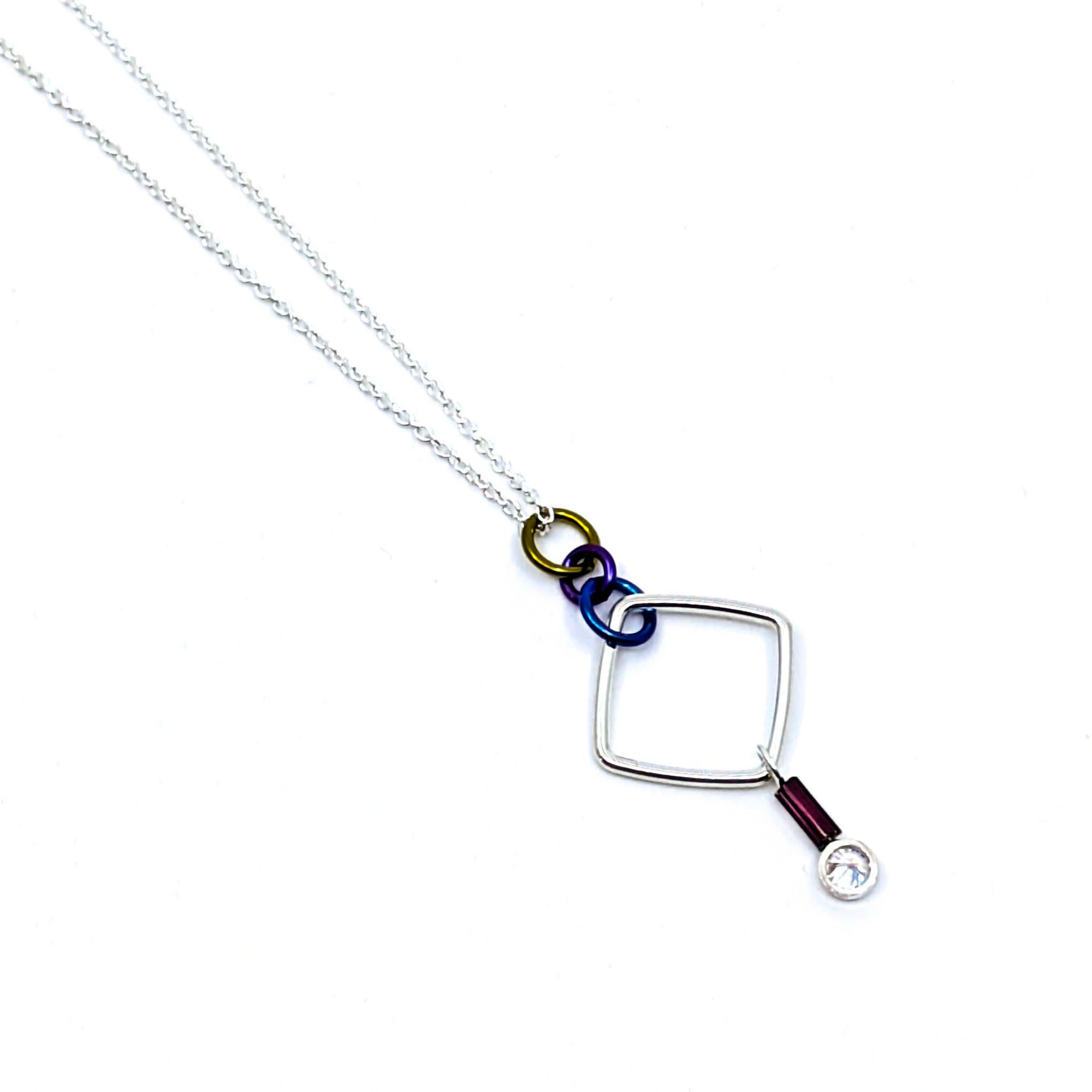 "Barb-Wire" Square Cubic Zirconia Necklace (Dark Purple Bead)