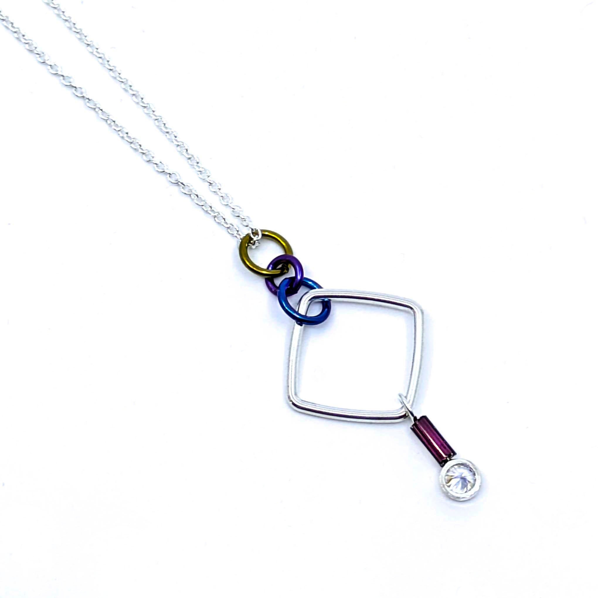 "Barb-Wire" Square Cubic Zirconia Necklace (Dark Purple Bead)