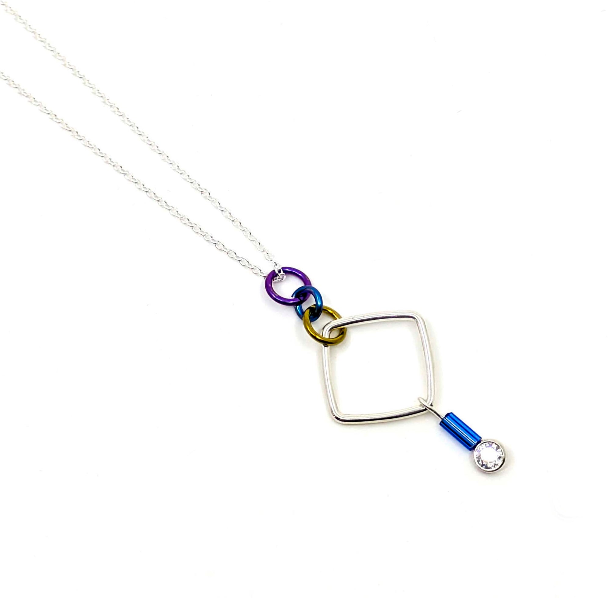 "Barb-Wire" Square Cubic Zirconia Necklace (Light Blue Bead)