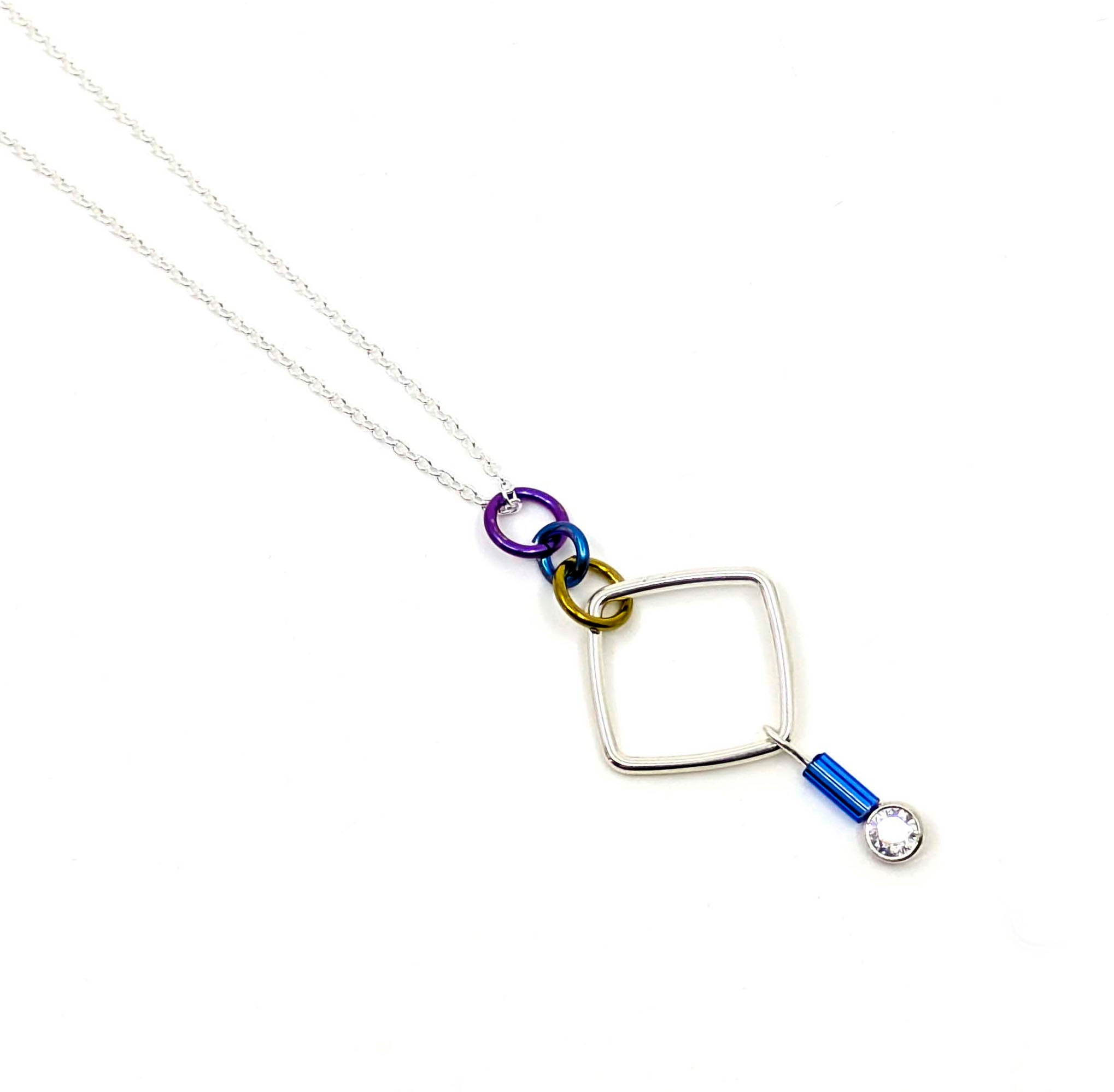 "Barb-Wire" Square Cubic Zirconia Necklace (Light Blue Bead)