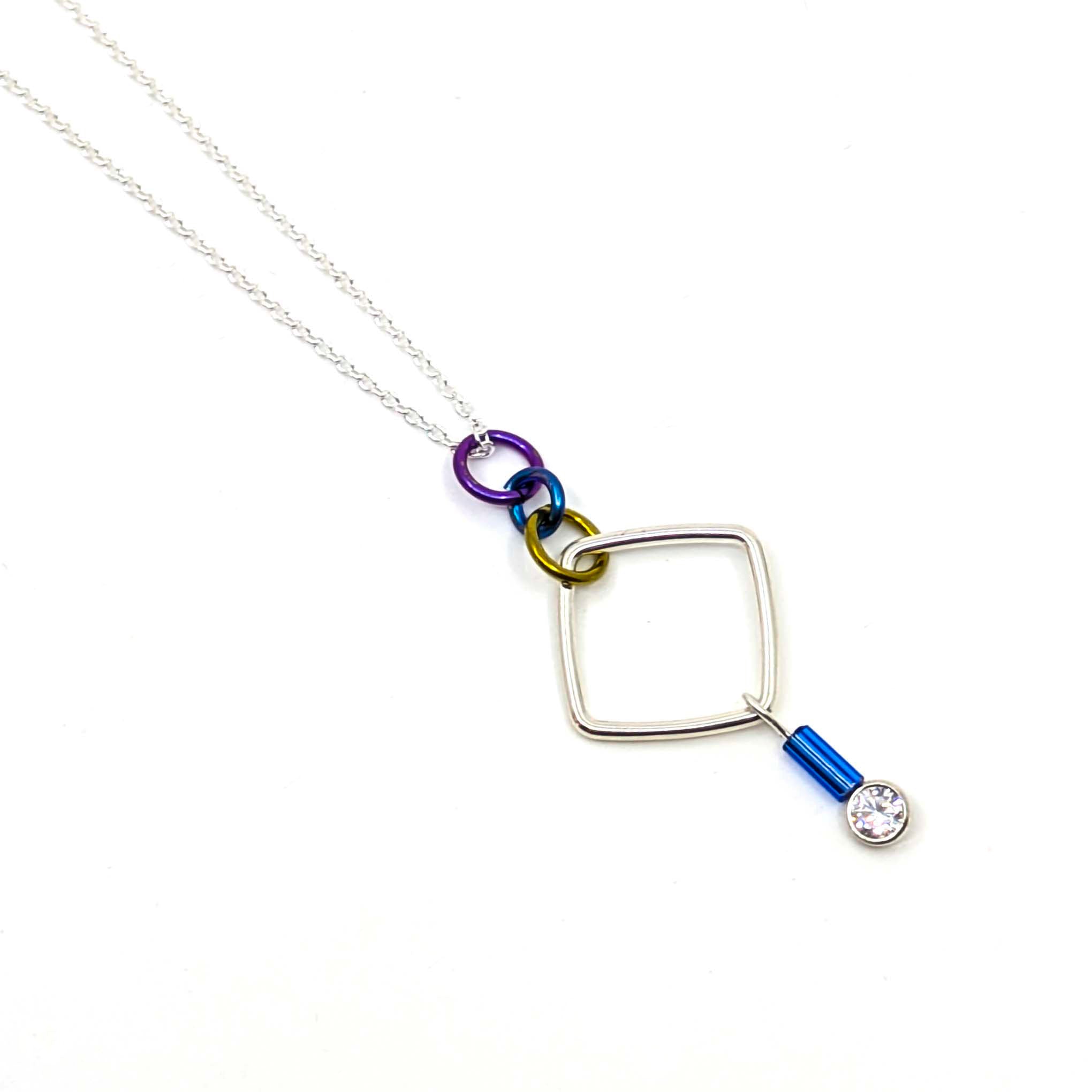 "Barb-Wire" Square Cubic Zirconia Necklace (Light Blue Bead)