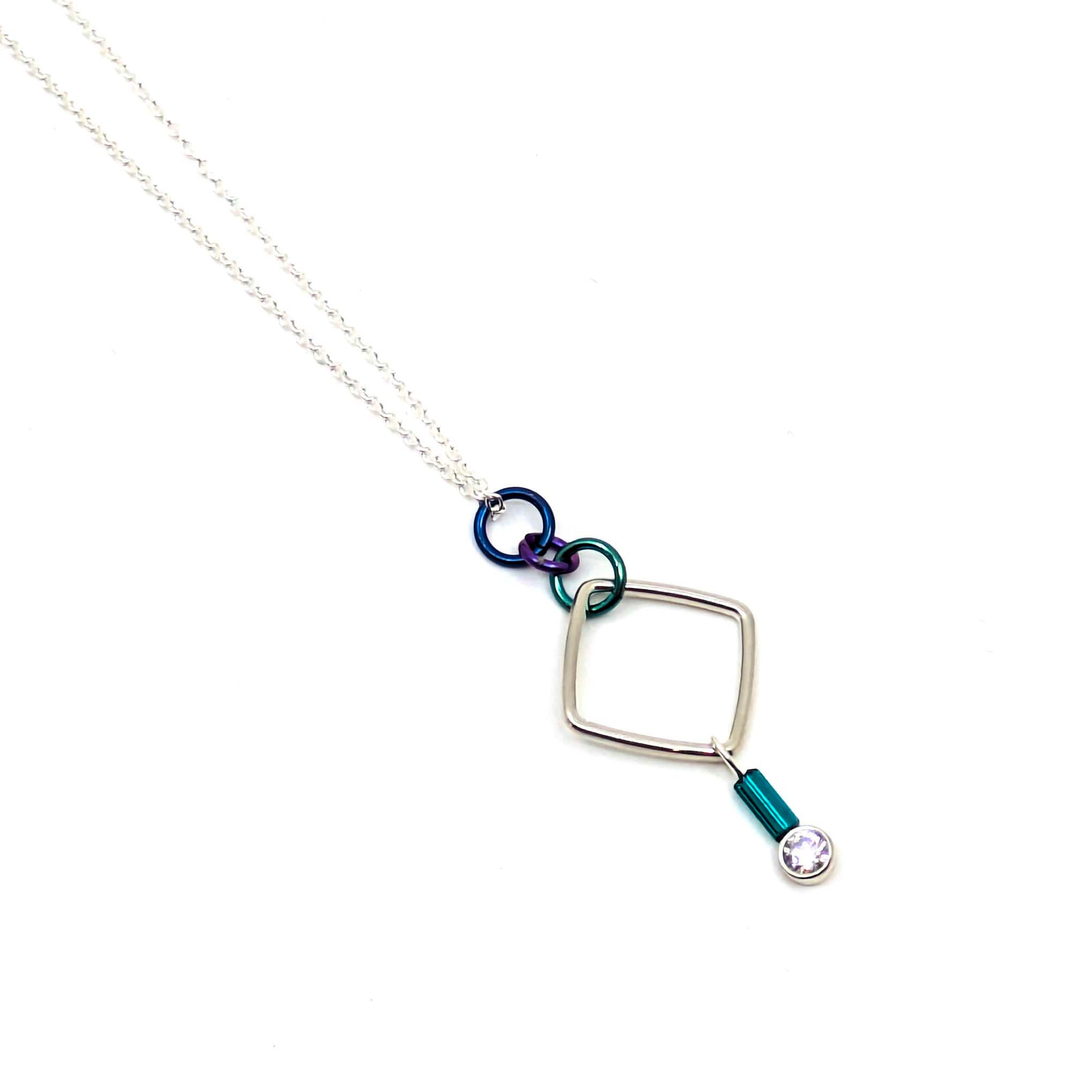 "Barb-Wire" Square Cubic Zirconia Necklace (Teal Bead)