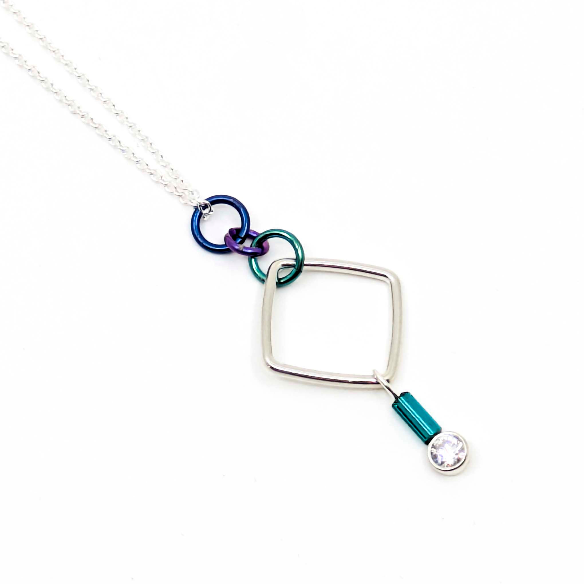 "Barb-Wire" Square Cubic Zirconia Necklace (Teal Bead)