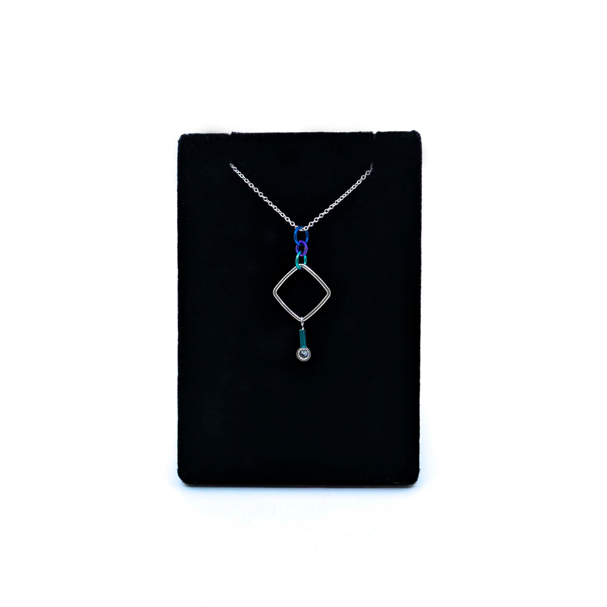 "Barb-Wire" Square Cubic Zirconia Necklace (Teal Bead)