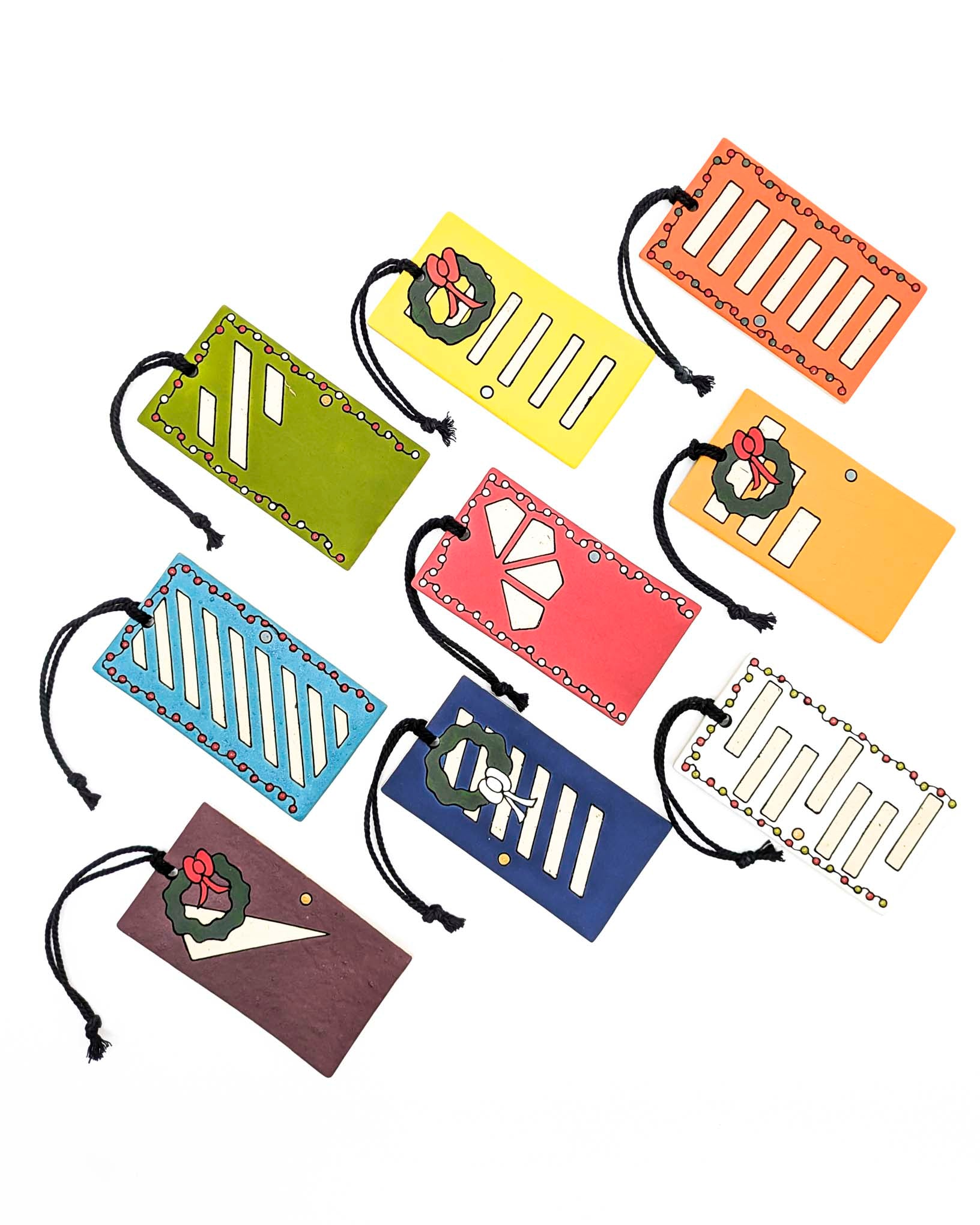 Carol McDonald - Handmade Mid - Century Modern Front Door Ornament - Burgundy with Wreath - VISUAL INDEX