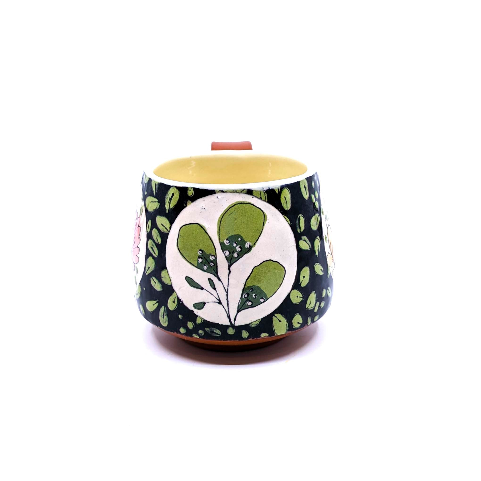 Black Mug with Flowers & Leaves